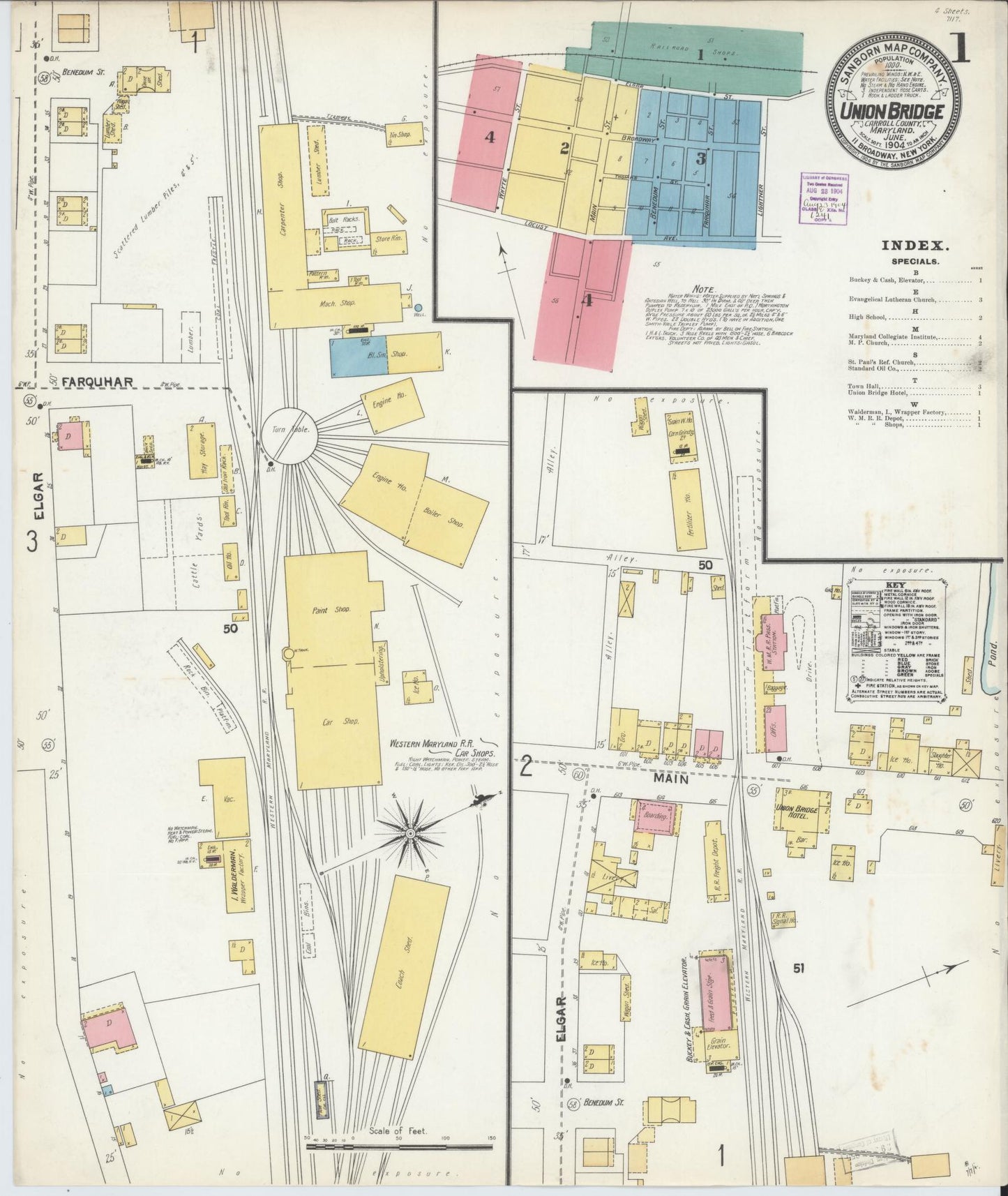 Sanborn Fire Insurance Map from Union Bridge, Carroll County, Maryland (1904), Sheet #0001 - Historic Sanborn Fire Insurance Map Print, vintage old map wall art, antique decor, genealogy gift, Maryland Maryland map