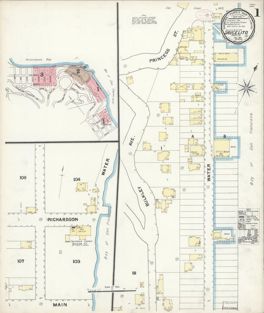 Sanborn Fire Insurance Map from Sausalito, Marin County, California (1891), Sheet #0001 - Complete Map Set gallery image, historic Sanborn map, vintage wall art, California California