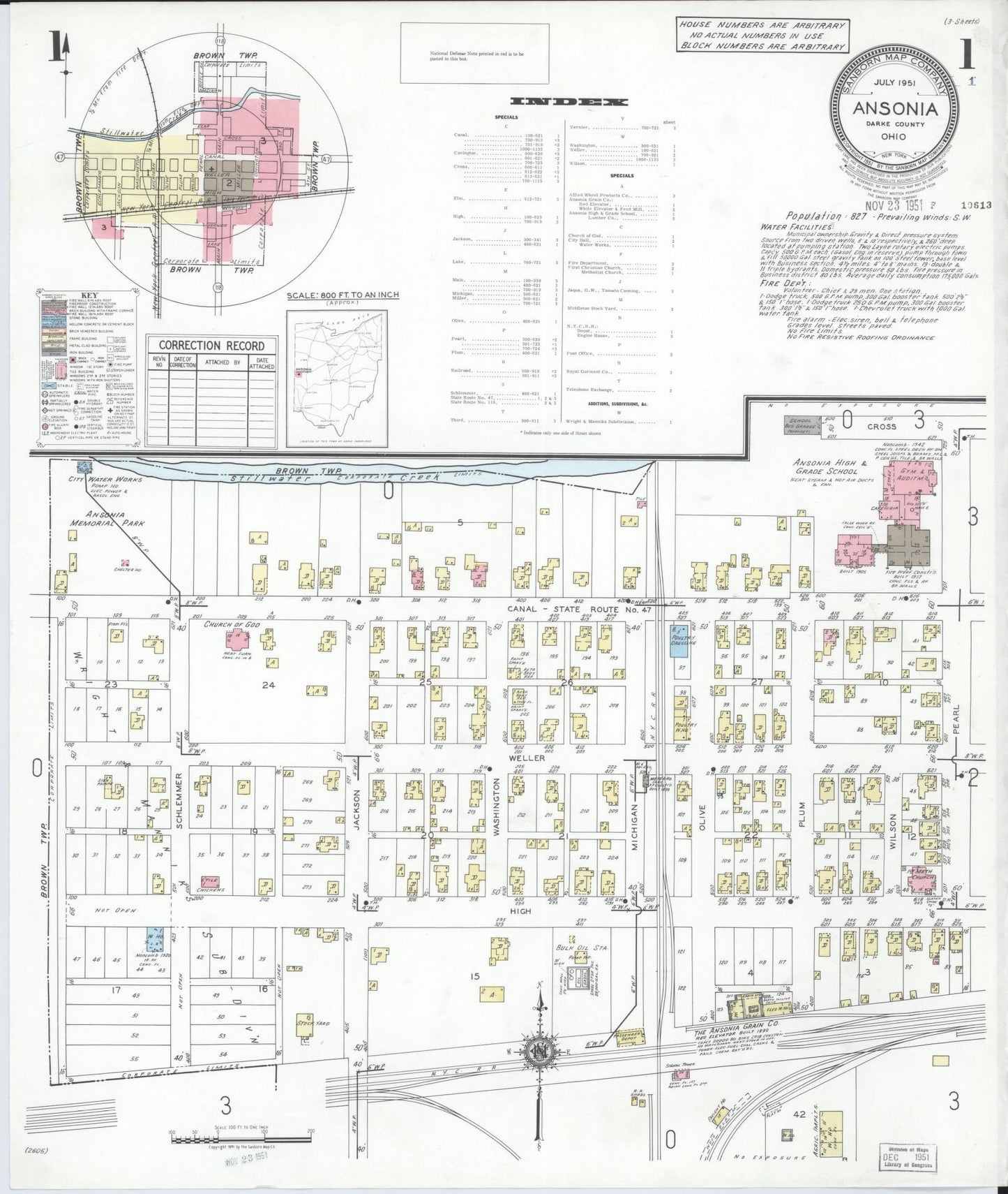 Sanborn Fire Insurance Map from Ansonia, Darke County, Ohio (1951), Sheet #0001 - Historic Sanborn Fire Insurance Map Print, vintage old map wall art, antique decor, genealogy gift, Ohio Ohio map