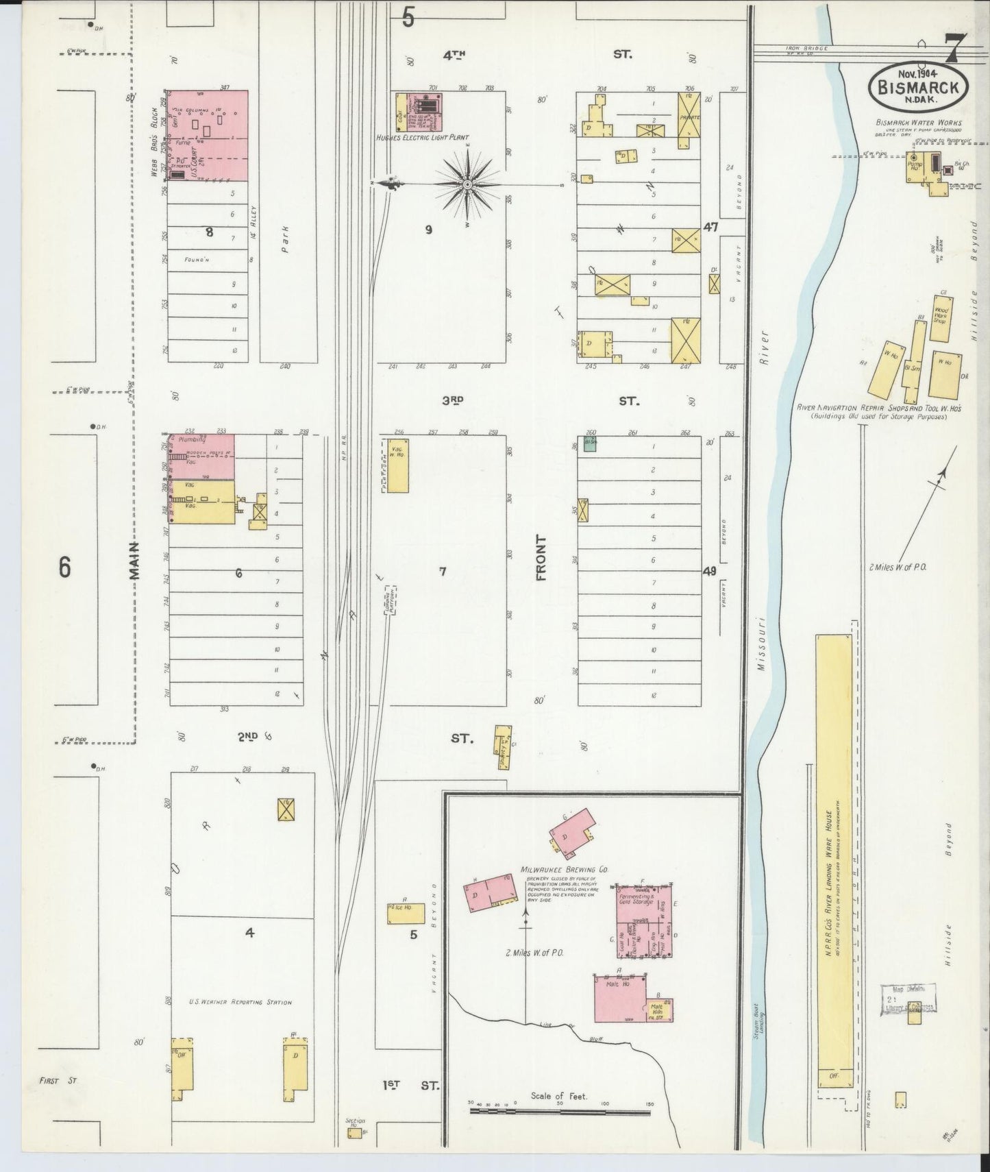 Sanborn Fire Insurance Map from Bismarck, Burleigh County, North Dakota (1904), Sheet #0007 - Historic Sanborn Fire Insurance Map Print, vintage old map wall art, antique decor, genealogy gift, North Dakota North Dakota map