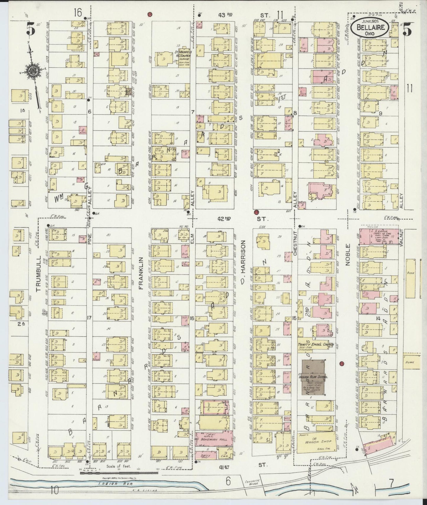 Sanborn Fire Insurance Map from Bellaire, Belmont County, Ohio (1924), Sheet #0005 - Historic Sanborn Fire Insurance Map Print, vintage old map wall art, antique decor, genealogy gift, Ohio Ohio map