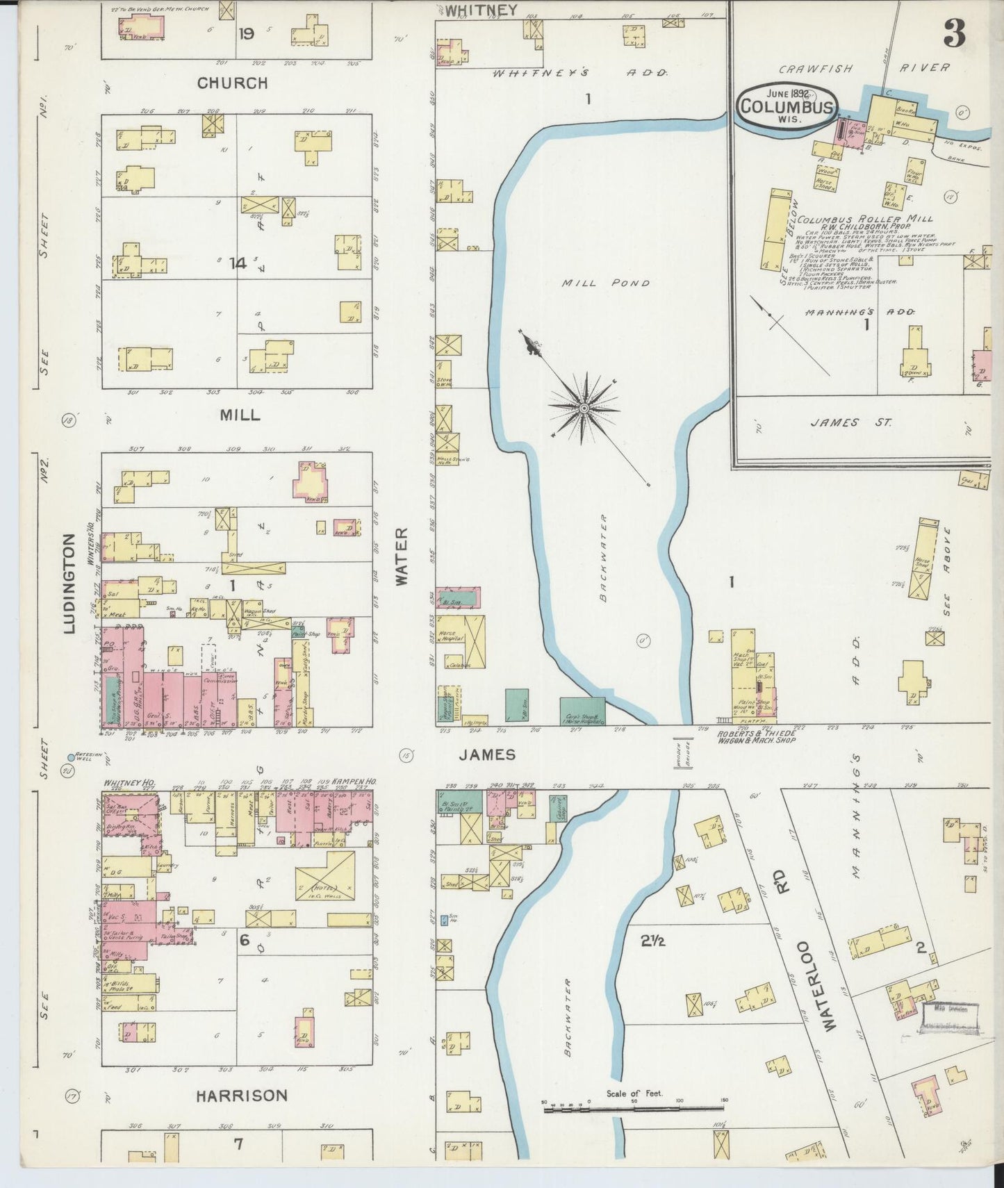 Sanborn Fire Insurance Map from Columbus, Columbia and Dodge County, Wisconsin (1892), Sheet #0003 - Historic Sanborn Fire Insurance Map Print, vintage old map wall art, antique decor, genealogy gift, Wisconsin Wisconsin map