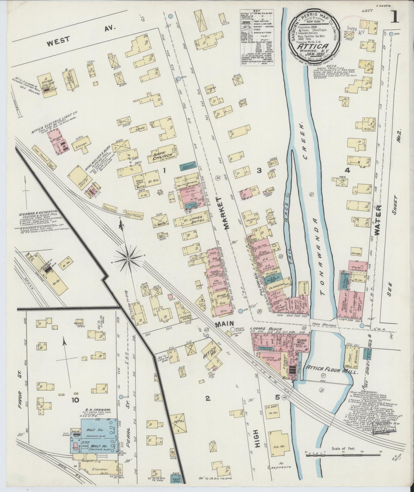 Sanborn Fire Insurance Map from Attica, Wyoming County, New York (1892), Sheet #0001 - Complete Map Set gallery image, historic Sanborn map, vintage wall art, Attica Wyoming