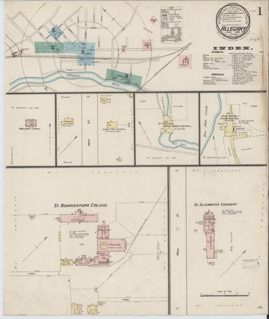 Sanborn Fire Insurance Map from Allegany, Cattaraugus County, New York (1886), Sheet #0001 - Historic Sanborn Fire Insurance Map Print, vintage old map wall art, antique decor, genealogy gift, New York New York map