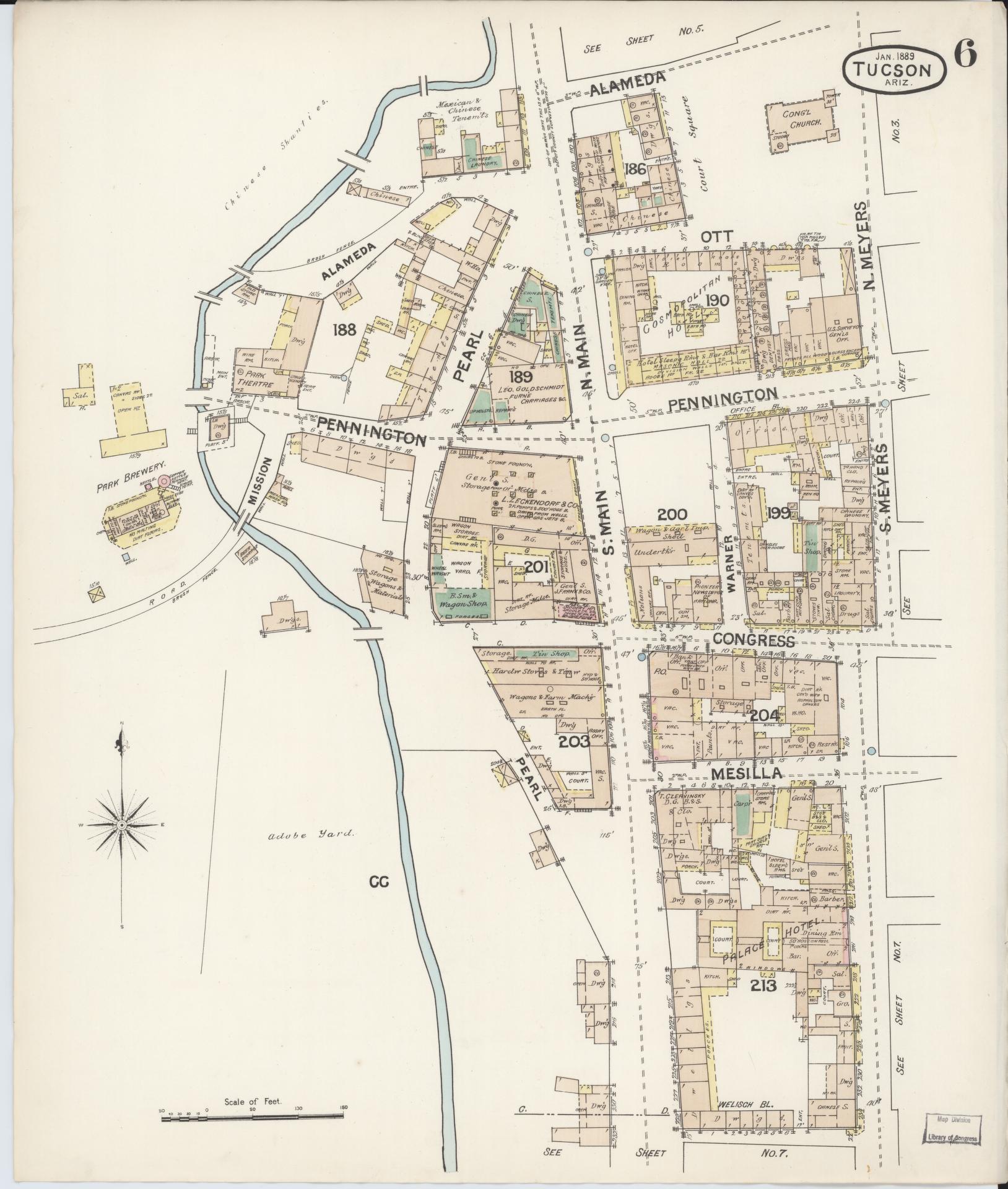 Sanborn Fire Insurance Map from Tucson, Pima County, Arizona (1889), Sheet #0006 - Complete Map Set gallery image, historic Sanborn map, vintage wall art, Arizona Arizona