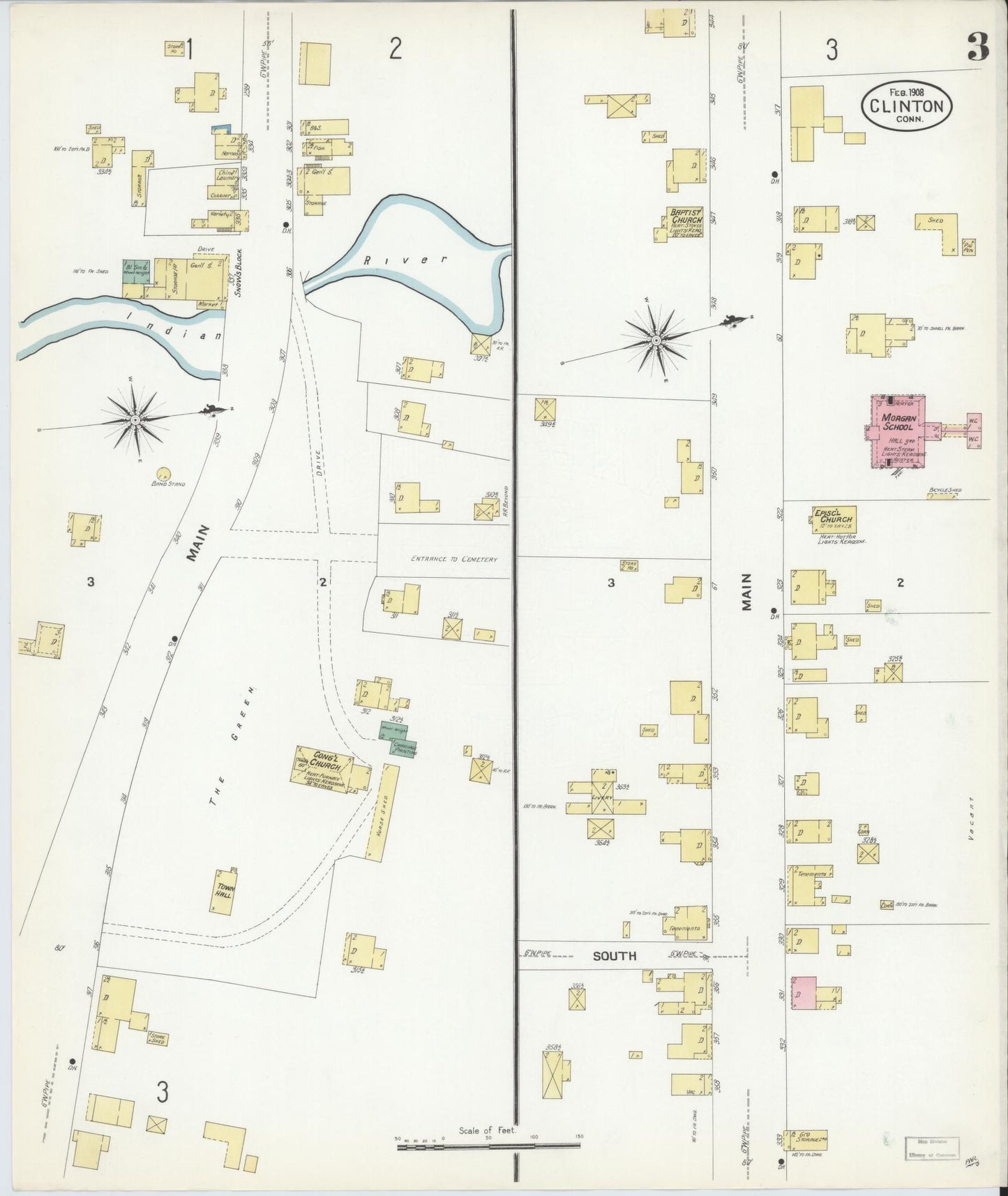 Sanborn Fire Insurance Map from Clinton, Middlesex County, Connecticut (1908), Sheet #0003 - Historic Sanborn Fire Insurance Map Print, vintage old map wall art, antique decor, genealogy gift, Connecticut Connecticut map