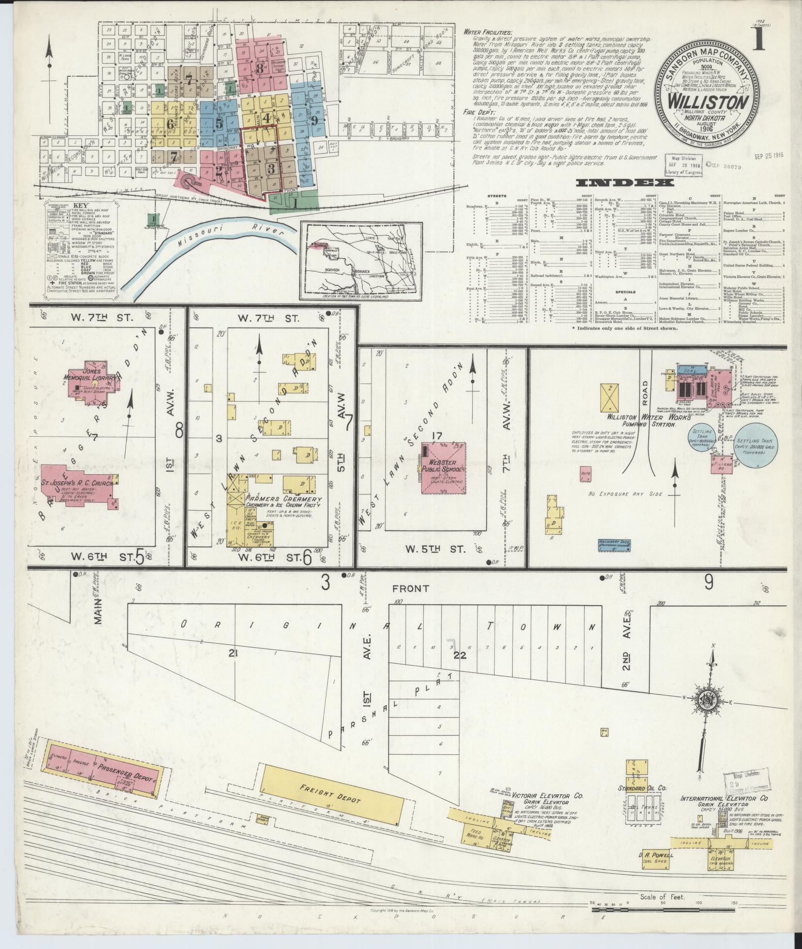 Sanborn Fire Insurance Map from Williston, Williams County, North Dakota (1916), Sheet #0001 - Complete Map Set gallery image, historic Sanborn map, vintage wall art, North Dakota North Dakota