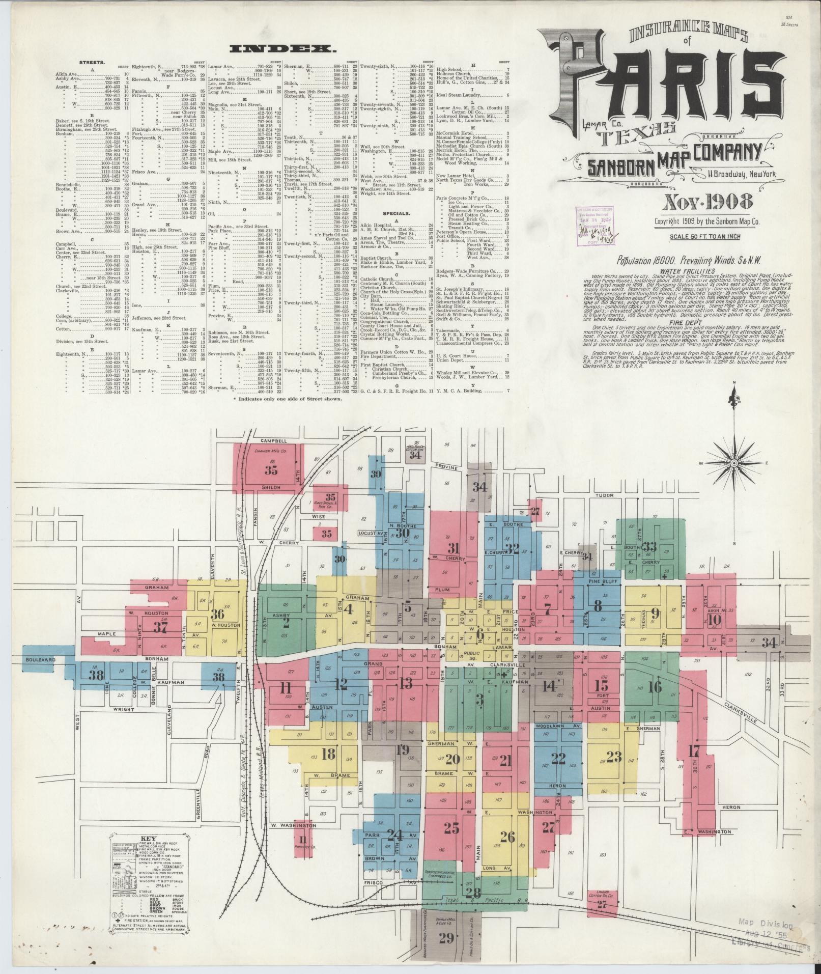 Sanborn Fire Insurance Map from Paris, Lamar County, Texas (1908), Sheet #0001 - Complete Map Set gallery image, historic Sanborn map, vintage wall art, Texas Texas