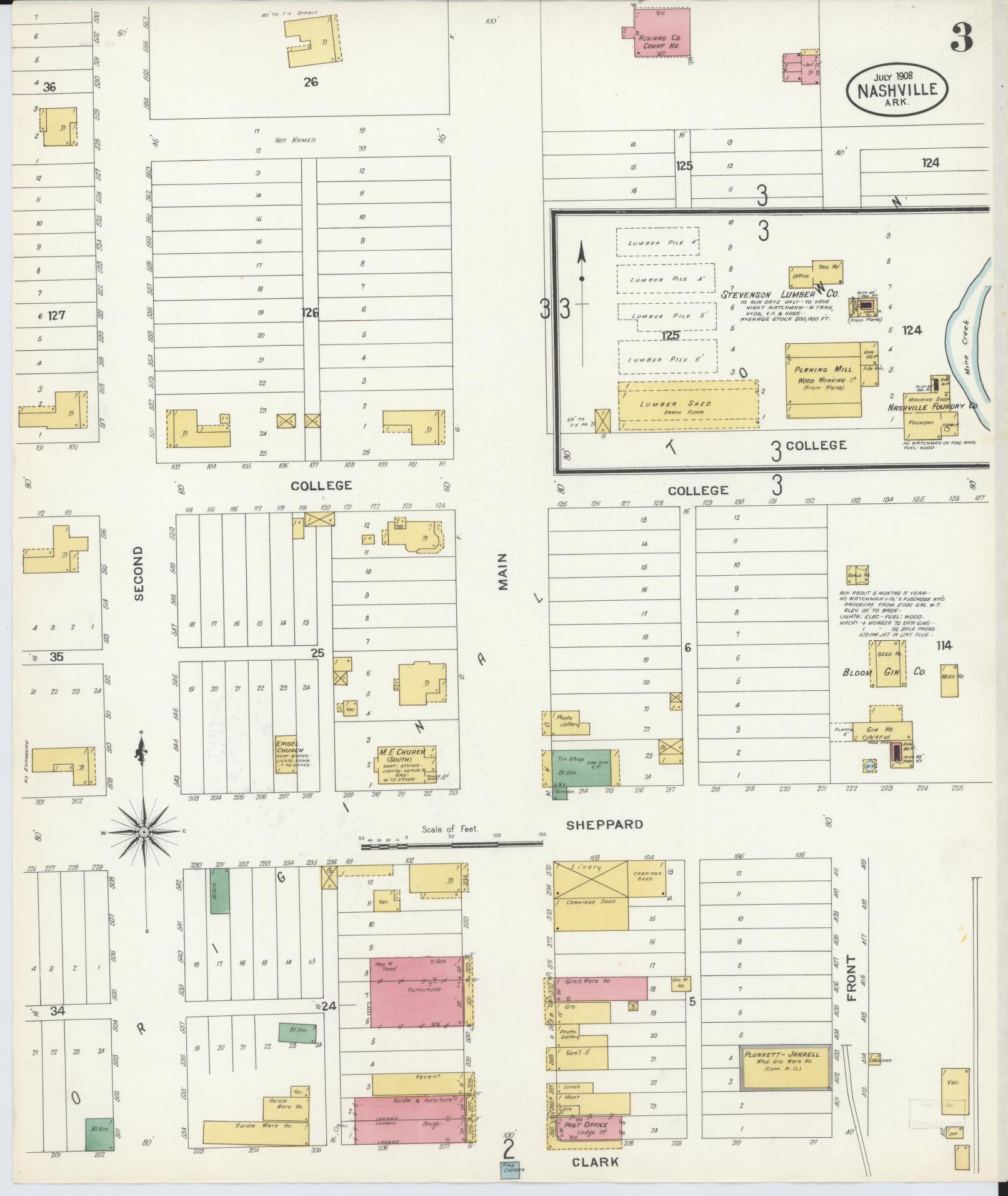 Sanborn Fire Insurance Map from Nashville, Howard County, Arkansas (1908), Sheet #0003 - Historic Sanborn Fire Insurance Map Print, vintage old map wall art, antique decor, genealogy gift, Arkansas Arkansas map
