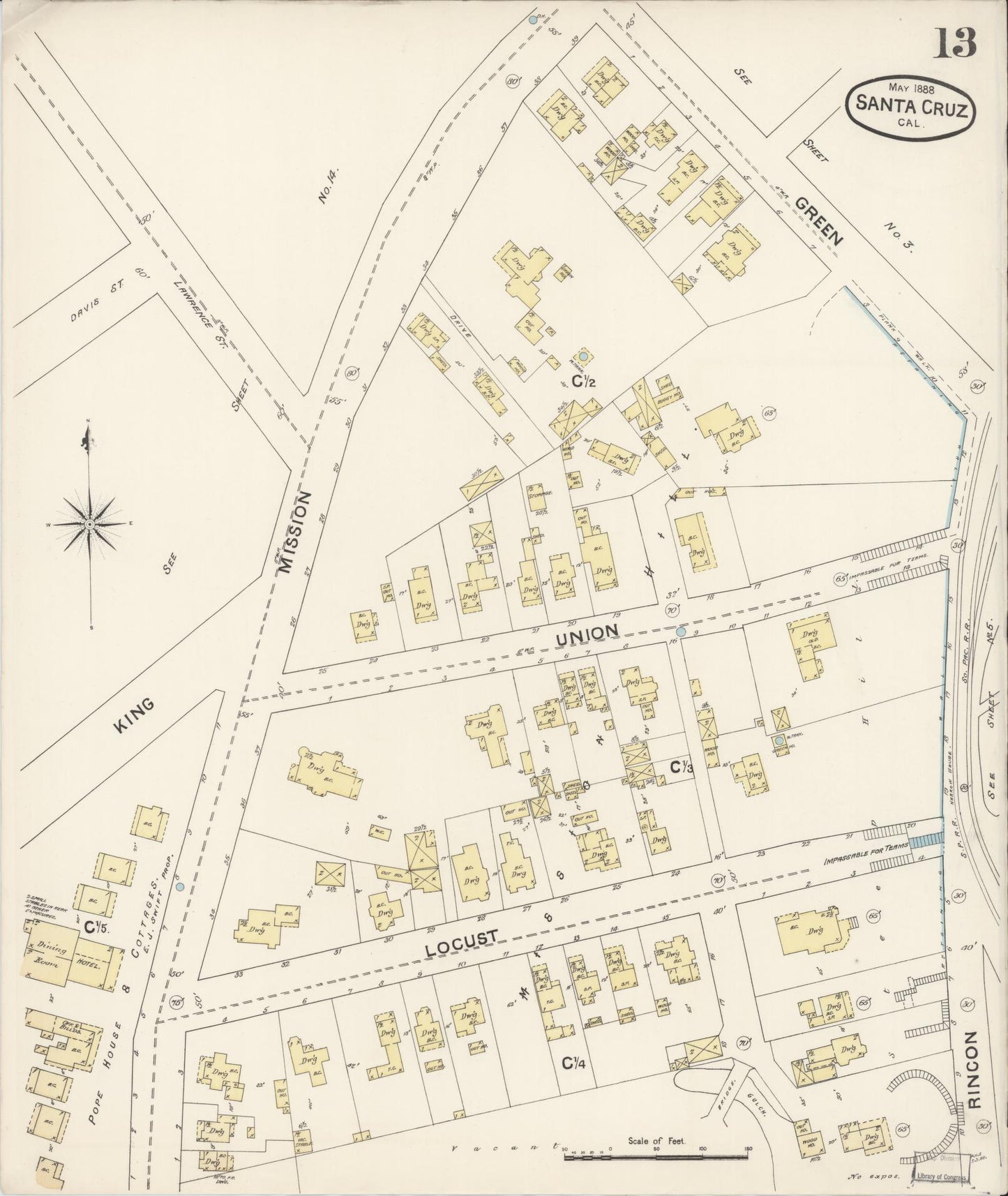 Sanborn Fire Insurance Map from Santa Cruz, Santa Cruz County, California (1888), Sheet #0013 - Complete Map Set gallery image, historic Sanborn map, vintage wall art, California California