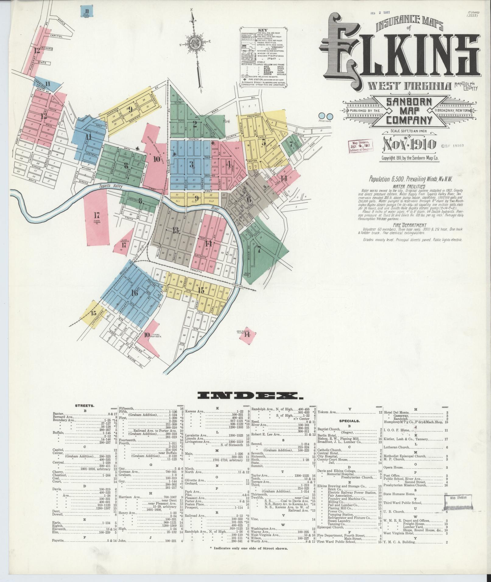 Sanborn Fire Insurance Map from Elkins, Randolph County, West Virginia (1910), Sheet #0001 - Historic Sanborn Fire Insurance Map Print, vintage old map wall art, antique decor, genealogy gift, West Virginia West Virginia map