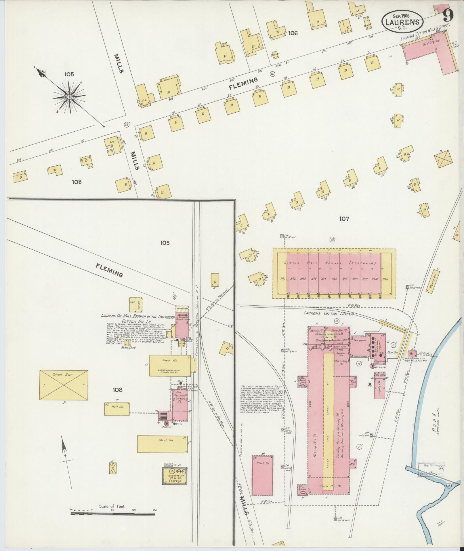 Sanborn Fire Insurance Map from Laurens, Laurens County, South Carolina (1906), Sheet #0009 - Historic Sanborn Fire Insurance Map Print, vintage old map wall art, antique decor, genealogy gift, South Carolina South Carolina map