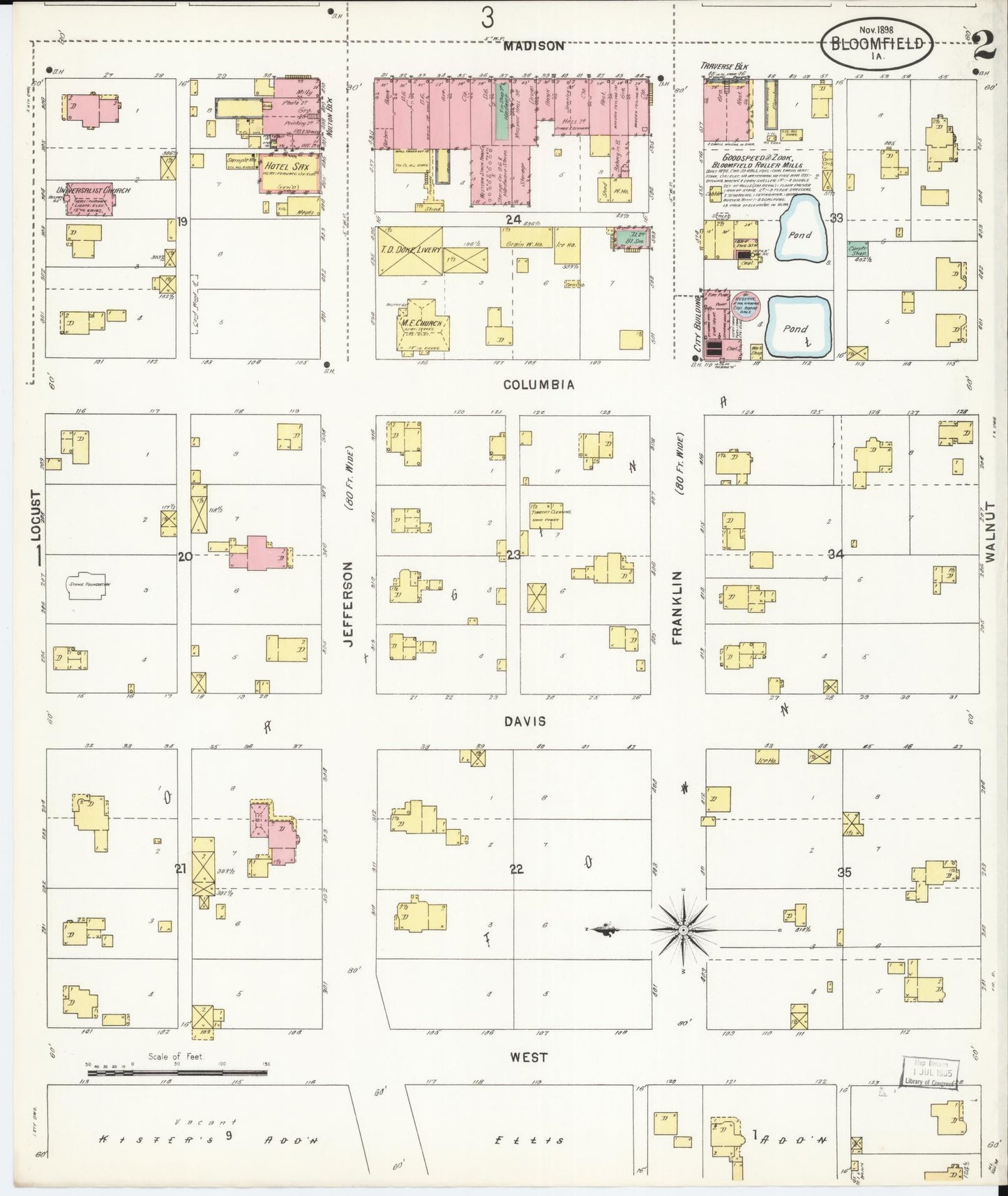 Sanborn Fire Insurance Map from Bloomfield, Davis County, Iowa (1898), Sheet #0002 - Historic Sanborn Fire Insurance Map Print, vintage old map wall art