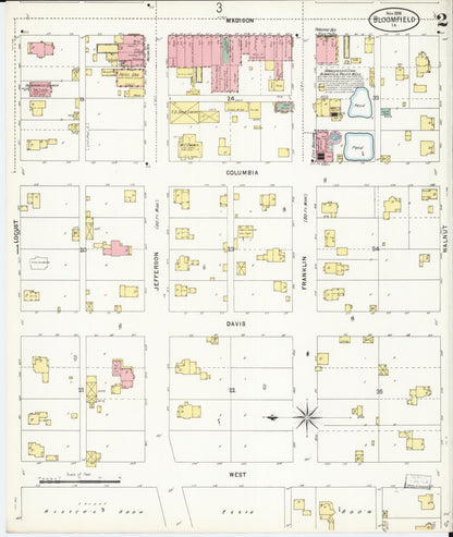 Sanborn Fire Insurance Map from Bloomfield, Davis County, Iowa (1898), Sheet #0002 - Historic Sanborn Fire Insurance Map Print, vintage old map wall art