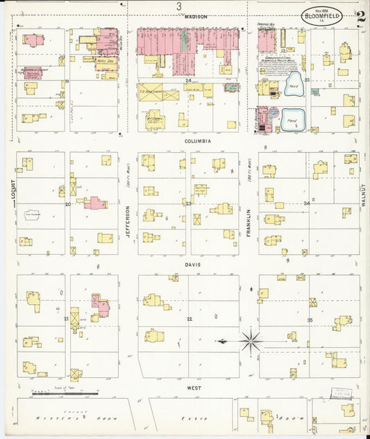 Sanborn Fire Insurance Map from Bloomfield, Davis County, Iowa (1898), Sheet #0002 - Historic Sanborn Fire Insurance Map Print, vintage old map wall art