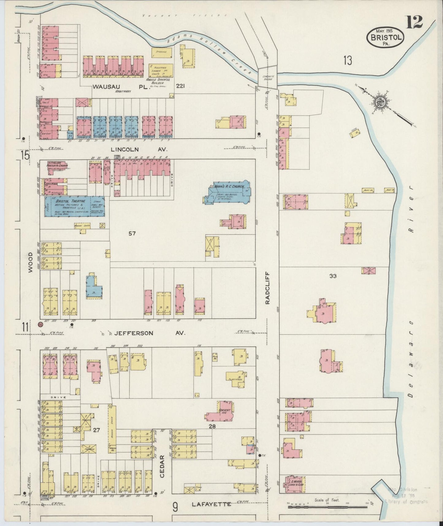 Sanborn Fire Insurance Map from Bristol, Bucks County, Pennsylvania (1915), Sheet #0012 - Historic Sanborn Fire Insurance Map Print, vintage old map wall art, antique decor, genealogy gift, Pennsylvania Pennsylvania map