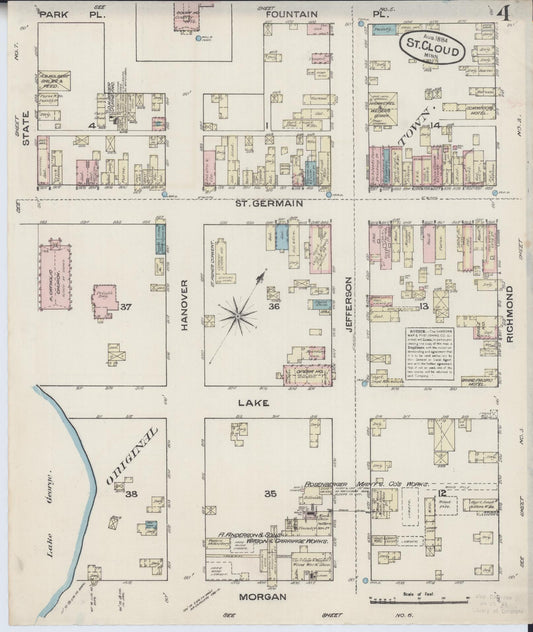 Sanborn Fire Insurance Map from Saint Cloud, Stearns, Benton, and Sherburne Counties, Minnesota (1884), Sheet #0004 - Historic Sanborn Fire Insurance Map Print, vintage old map wall art, antique decor, genealogy gift, Minnesota Minnesota map