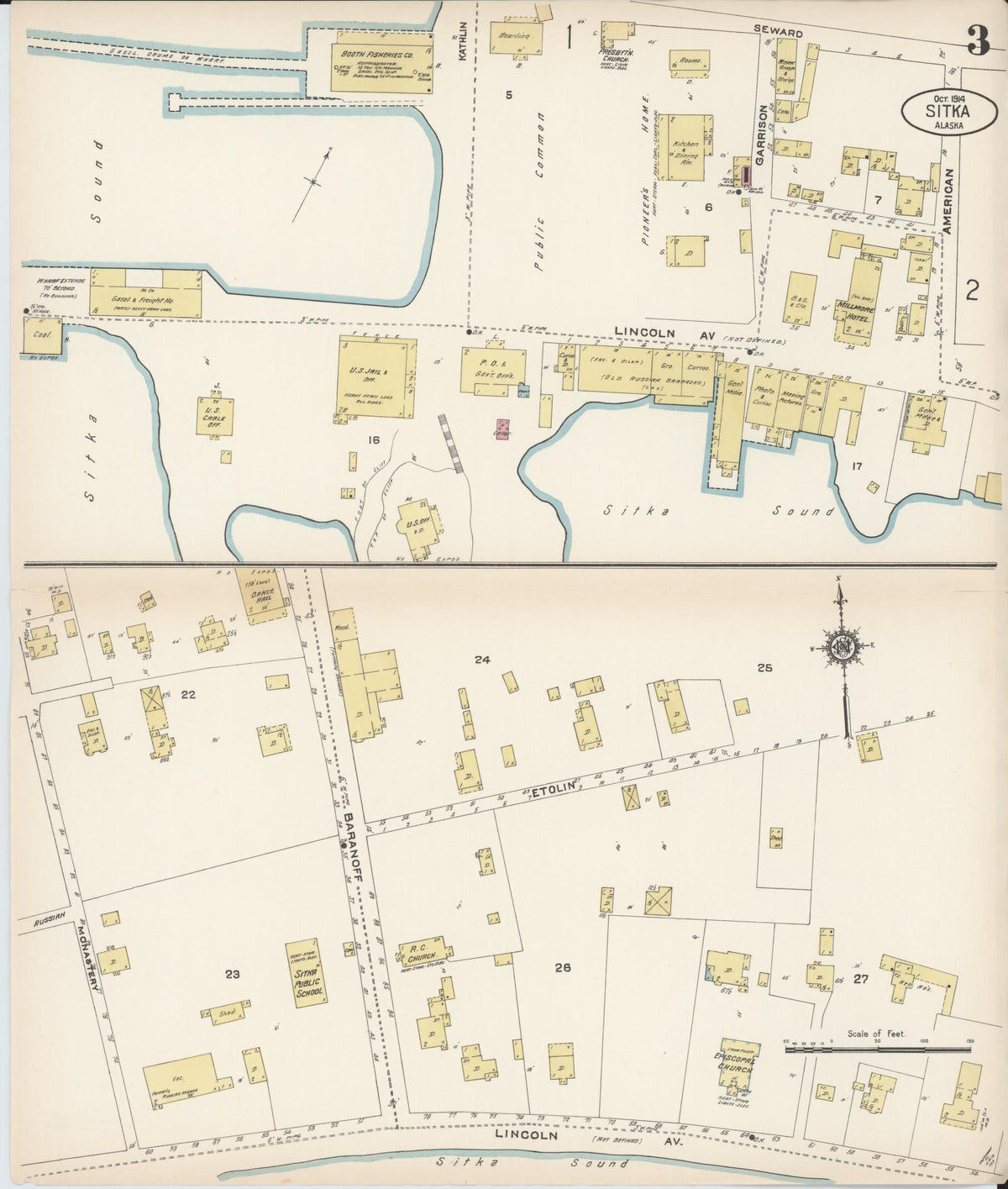 Sanborn Fire Insurance Map from Sitka, Sitka Census Division, Alaska (1914), Sheet #0003 - Historic Sanborn Fire Insurance Map Print, vintage old map wall art, antique decor, genealogy gift, Alaska Alaska map