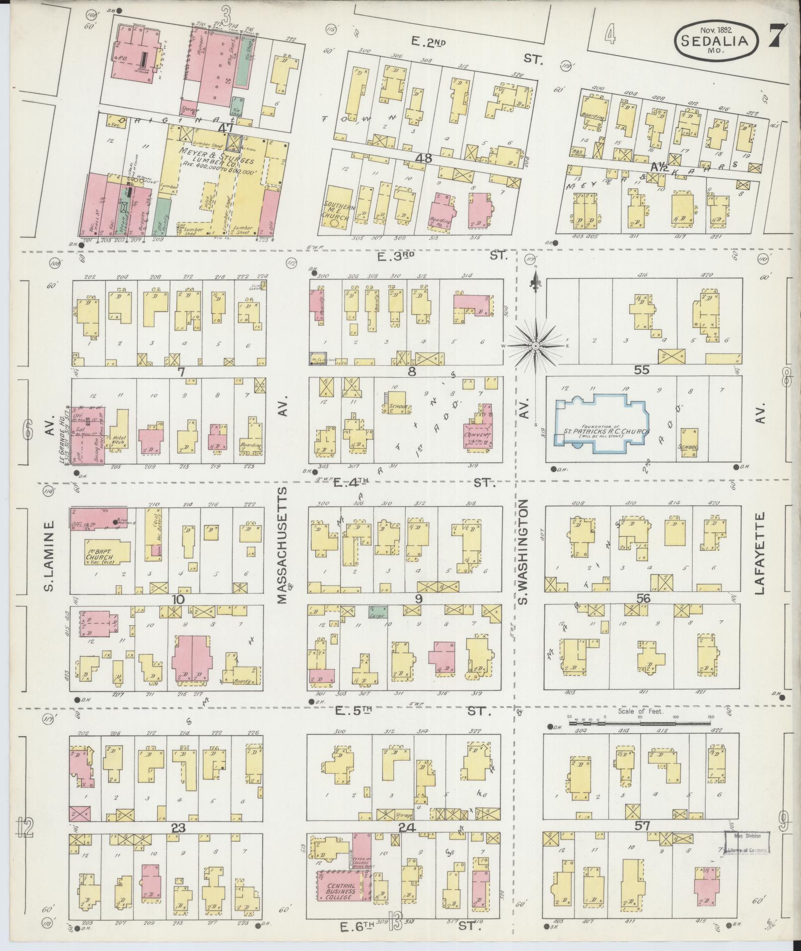 Sanborn Fire Insurance Map from Sedalia, Pettis County, Missouri (1892), Sheet #0007 - Historic Sanborn Fire Insurance Map Print, vintage old map wall art, antique decor, genealogy gift, Missouri Missouri map