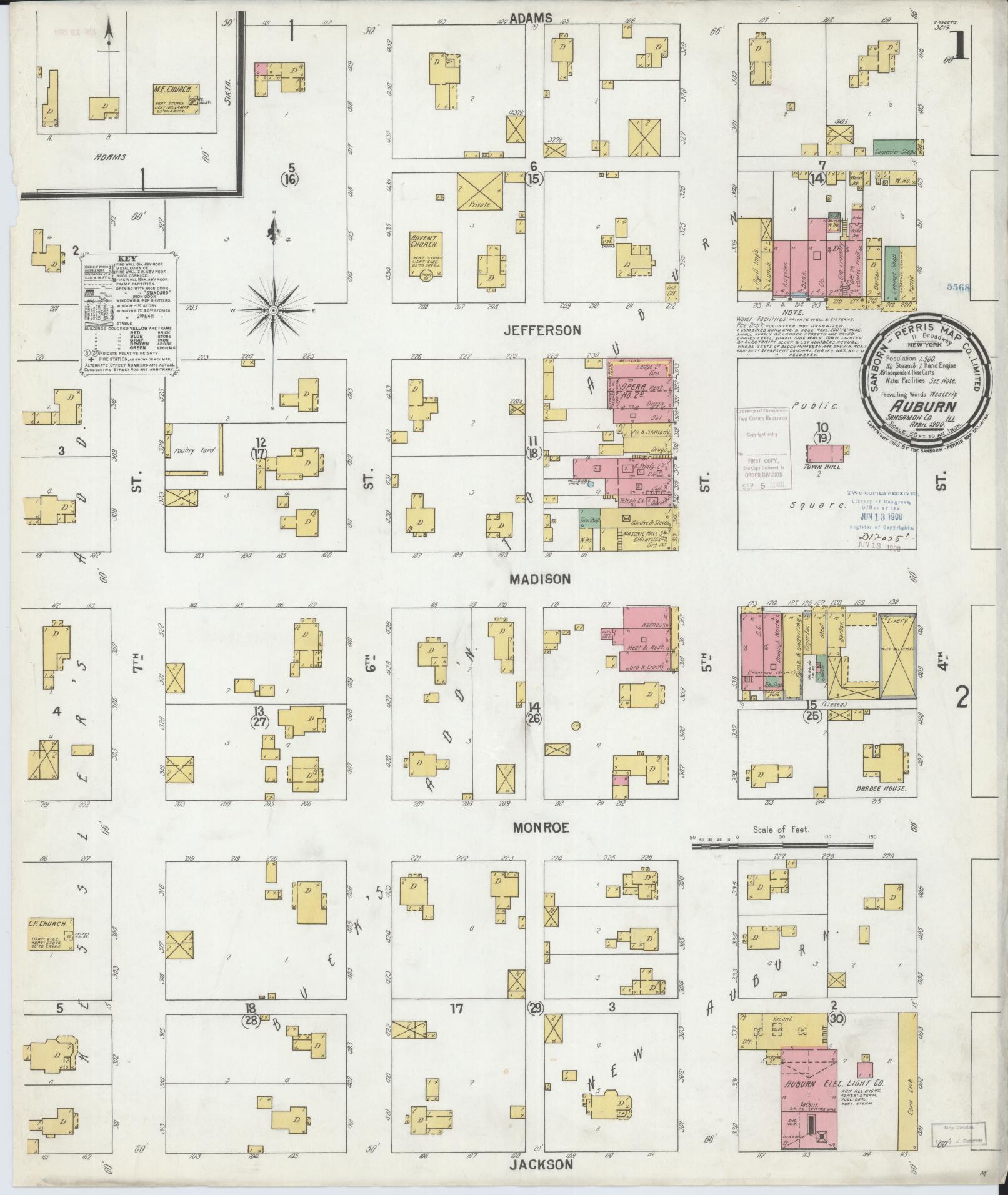Sanborn Fire Insurance Map from Auburn, Sangamon County, Illinois (1900), Sheet #0001 - Complete Map Set gallery image, historic Sanborn map, vintage wall art, Illinois Illinois