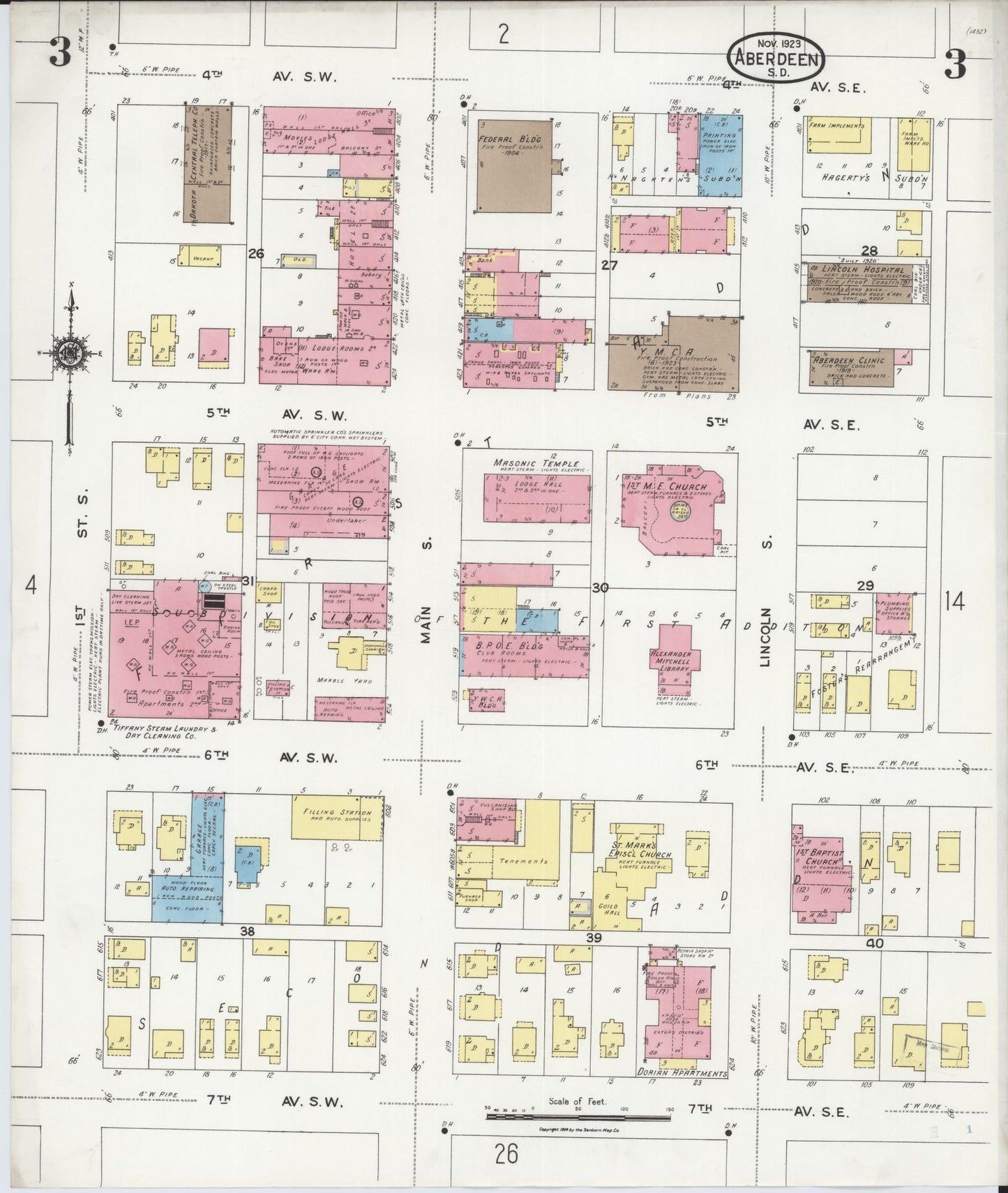 Sanborn Fire Insurance Map from Aberdeen, Brown County, South Dakota (1923), Sheet #0003 - Complete Map Set gallery image, historic Sanborn map, vintage wall art, South Dakota South Dakota