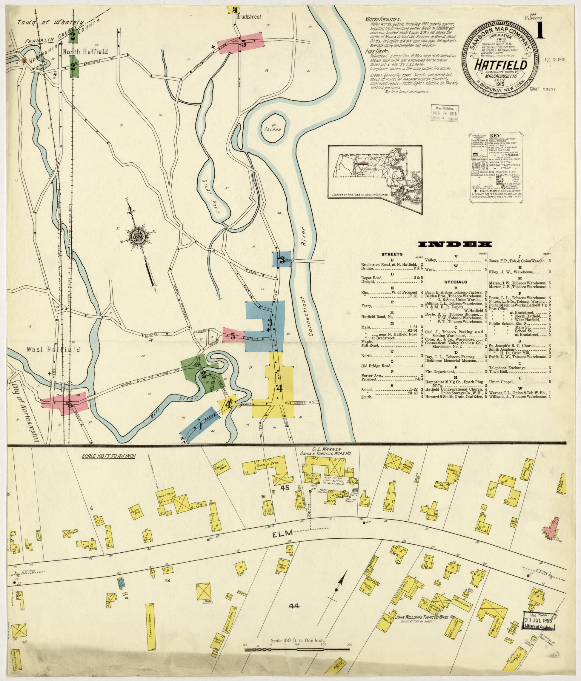 Sanborn Fire Insurance Map from Hatfield, Hampshire County, Massachusetts (1915), Sheet #0001 - Historic Sanborn Fire Insurance Map Print, vintage old map wall art, antique decor, genealogy gift, Massachusetts Massachusetts map