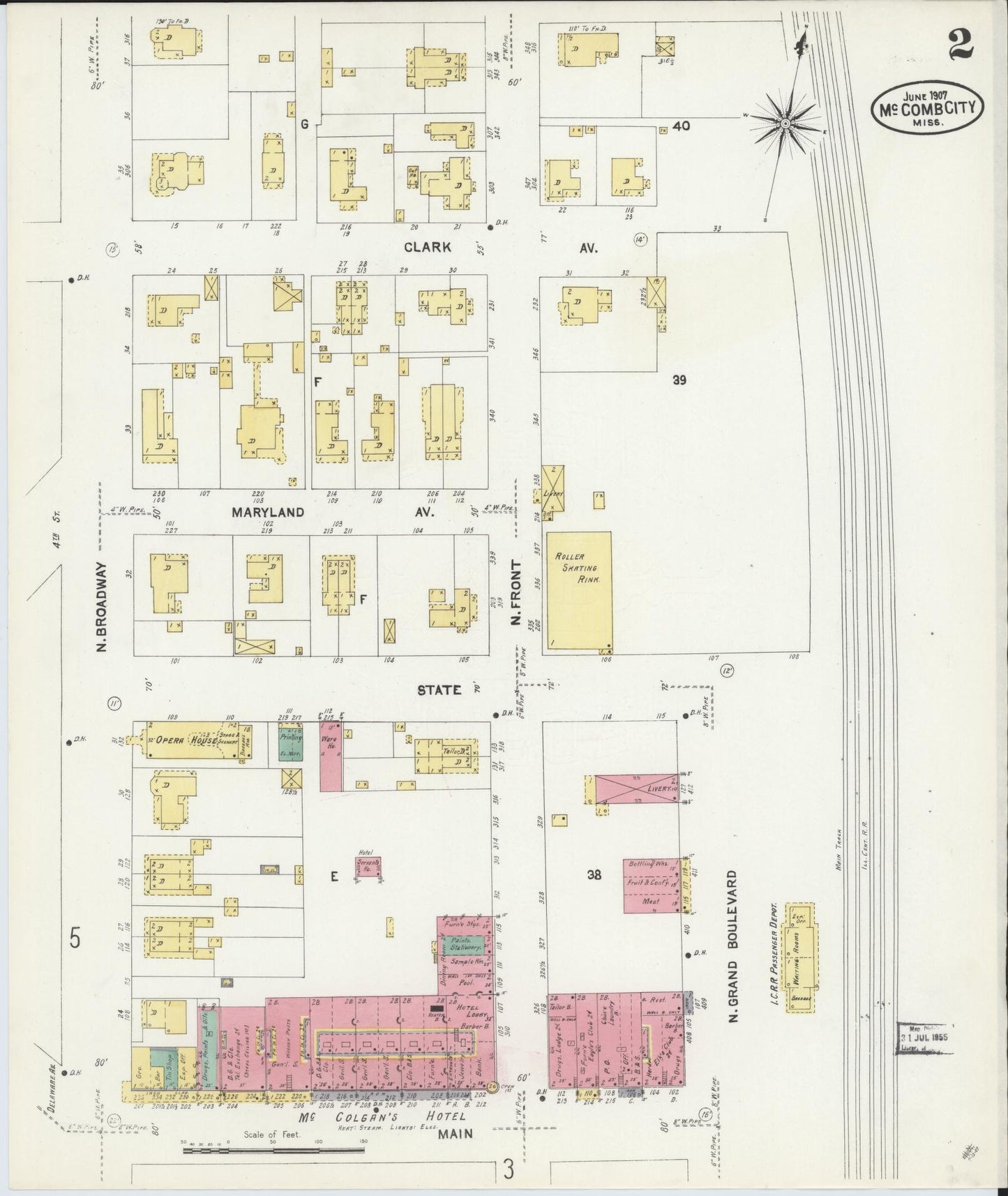 Sanborn Fire Insurance Map from McComb, Pike County, Mississippi (1907), Sheet #0002 - Historic Sanborn Fire Insurance Map Print, vintage old map wall art, antique decor, genealogy gift, Mississippi Mississippi map