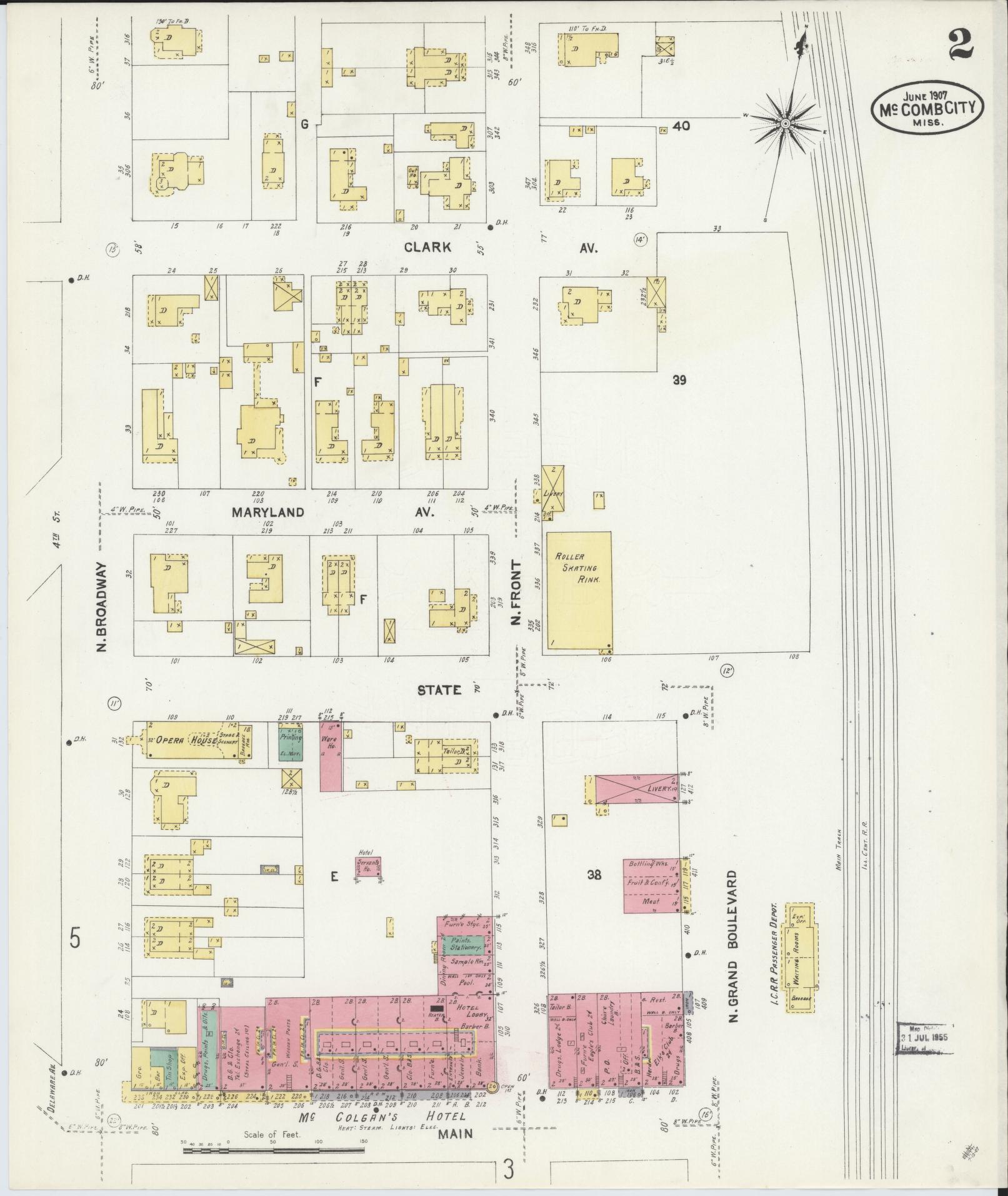 Sanborn Fire Insurance Map from McComb, Pike County, Mississippi (1907), Sheet #0002 - Historic Sanborn Fire Insurance Map Print, vintage old map wall art, antique decor, genealogy gift, Mississippi Mississippi map