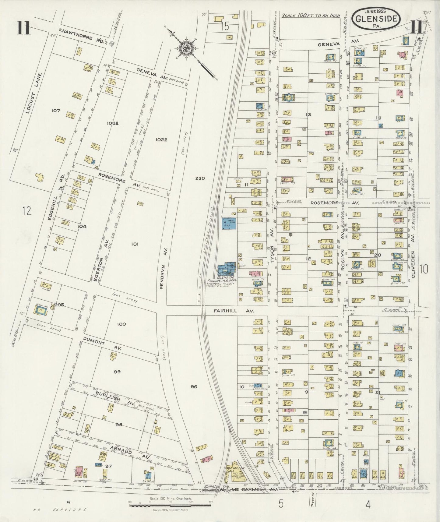 Sanborn Fire Insurance Map from Glenside, Montgomery County, Pennsylvania (1925), Sheet #0011 - Historic Sanborn Fire Insurance Map Print, vintage old map wall art, antique decor, genealogy gift, Pennsylvania Pennsylvania map
