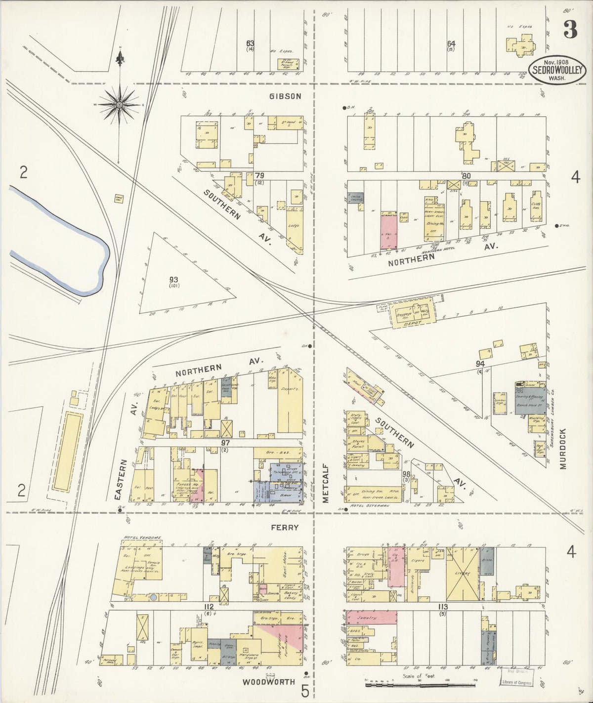 Sanborn Fire Insurance Map from Sedro Woolley, Skagit County, Washington (1907), Sheet #0003 - Historic Sanborn Fire Insurance Map Print, vintage old map wall art, antique decor, genealogy gift, Washington Washington map