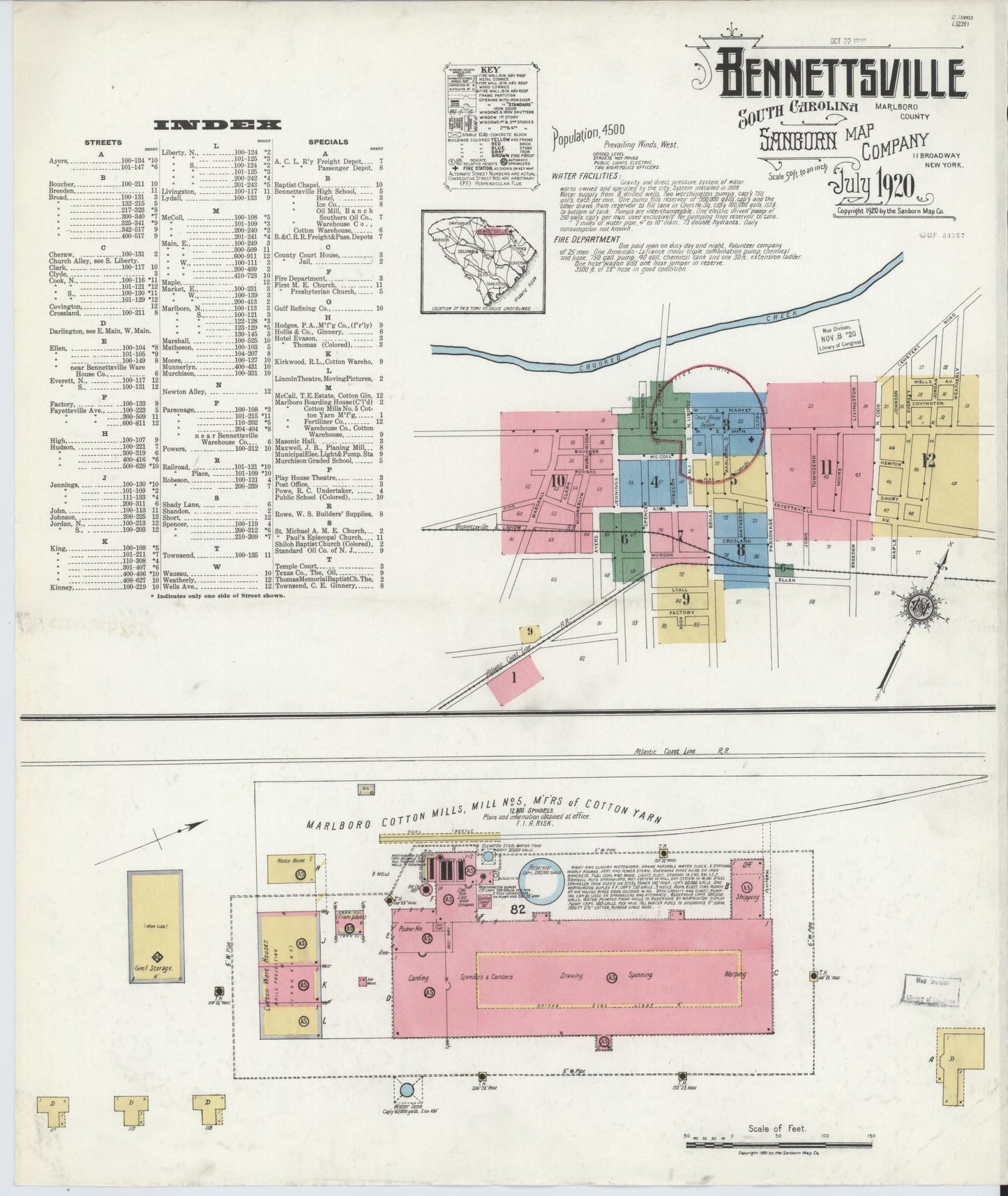 Sanborn Fire Insurance Map from Bennettsville, Marlboro County, South Carolina (1920), Sheet #0001 - Historic Sanborn Fire Insurance Map Print, vintage old map wall art, antique decor, genealogy gift, South Carolina South Carolina map