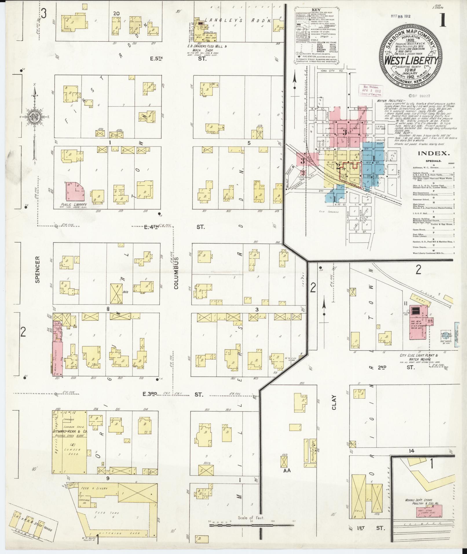 Sanborn Fire Insurance Map from West Liberty, Muscatine County, Iowa (1912), Sheet #0001 - Historic Sanborn Fire Insurance Map Print, vintage old map wall art