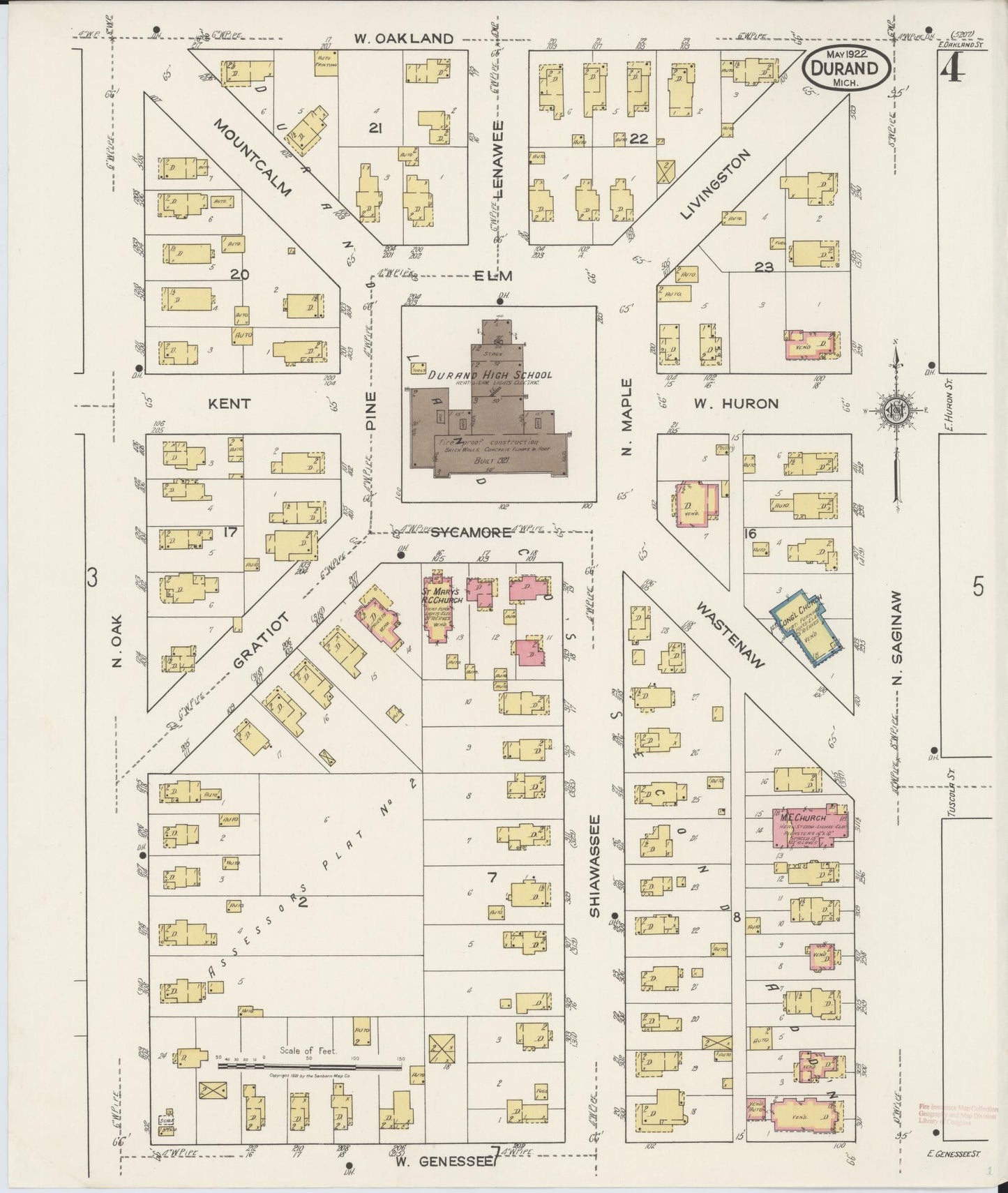 Sanborn Fire Insurance Map from Durand, Shiawassee County, Michigan (1922), Sheet #0004 - Historic Sanborn Fire Insurance Map Print, vintage old map wall art, antique decor, genealogy gift, Michigan Michigan map