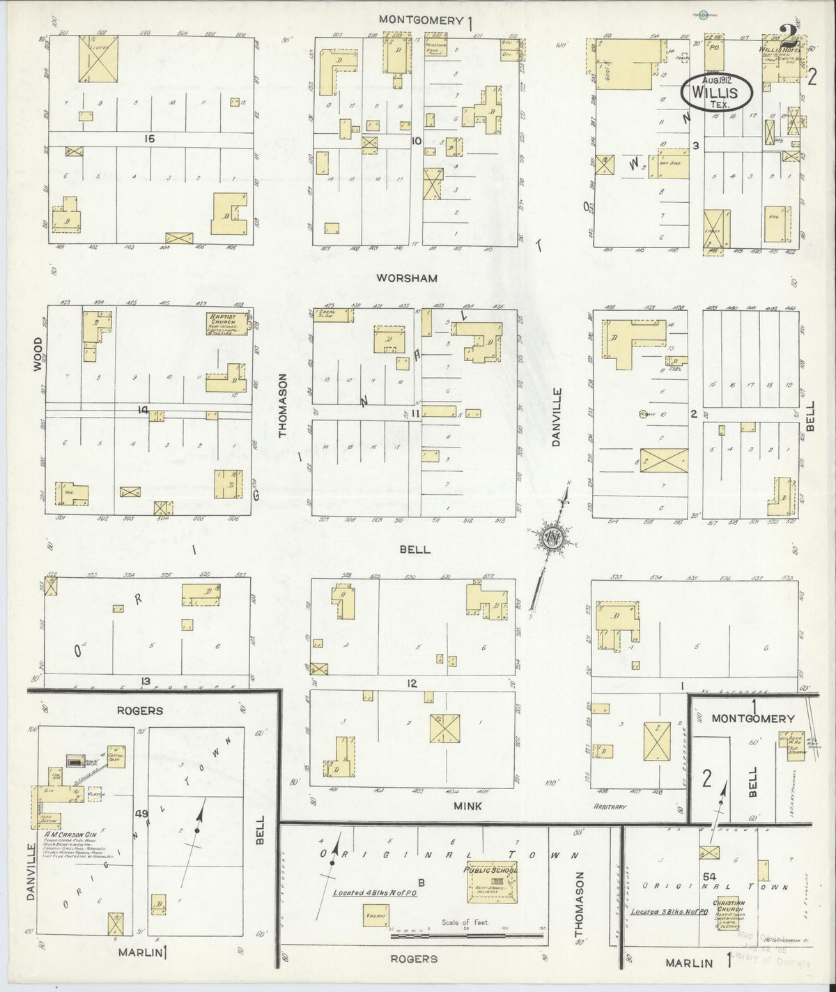 Sanborn Fire Insurance Map from Willis, Montgomery County, Texas (1912), Sheet #0002 - Complete Map Set gallery image, historic Sanborn map, vintage wall art, Texas Texas