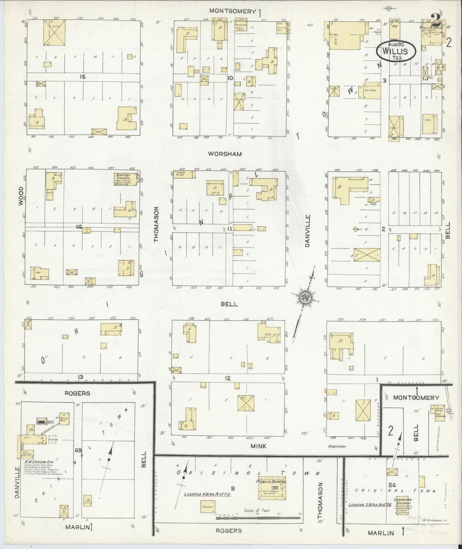 Sanborn Fire Insurance Map from Willis, Montgomery County, Texas (1912), Sheet #0002 - Complete Map Set gallery image, historic Sanborn map, vintage wall art, Texas Texas