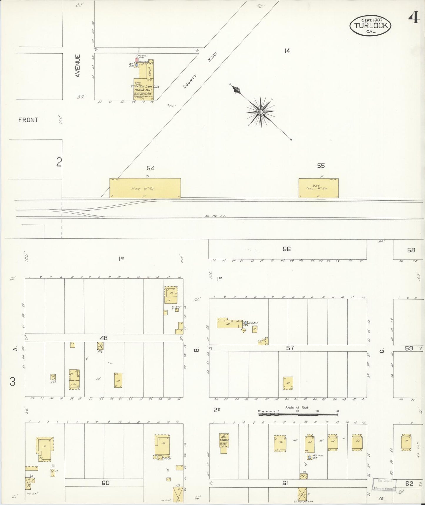 Sanborn Fire Insurance Map from Turlock, Stanislaus County, California (1907), Sheet #0004 - Complete Map Set gallery image, historic Sanborn map, vintage wall art, California California