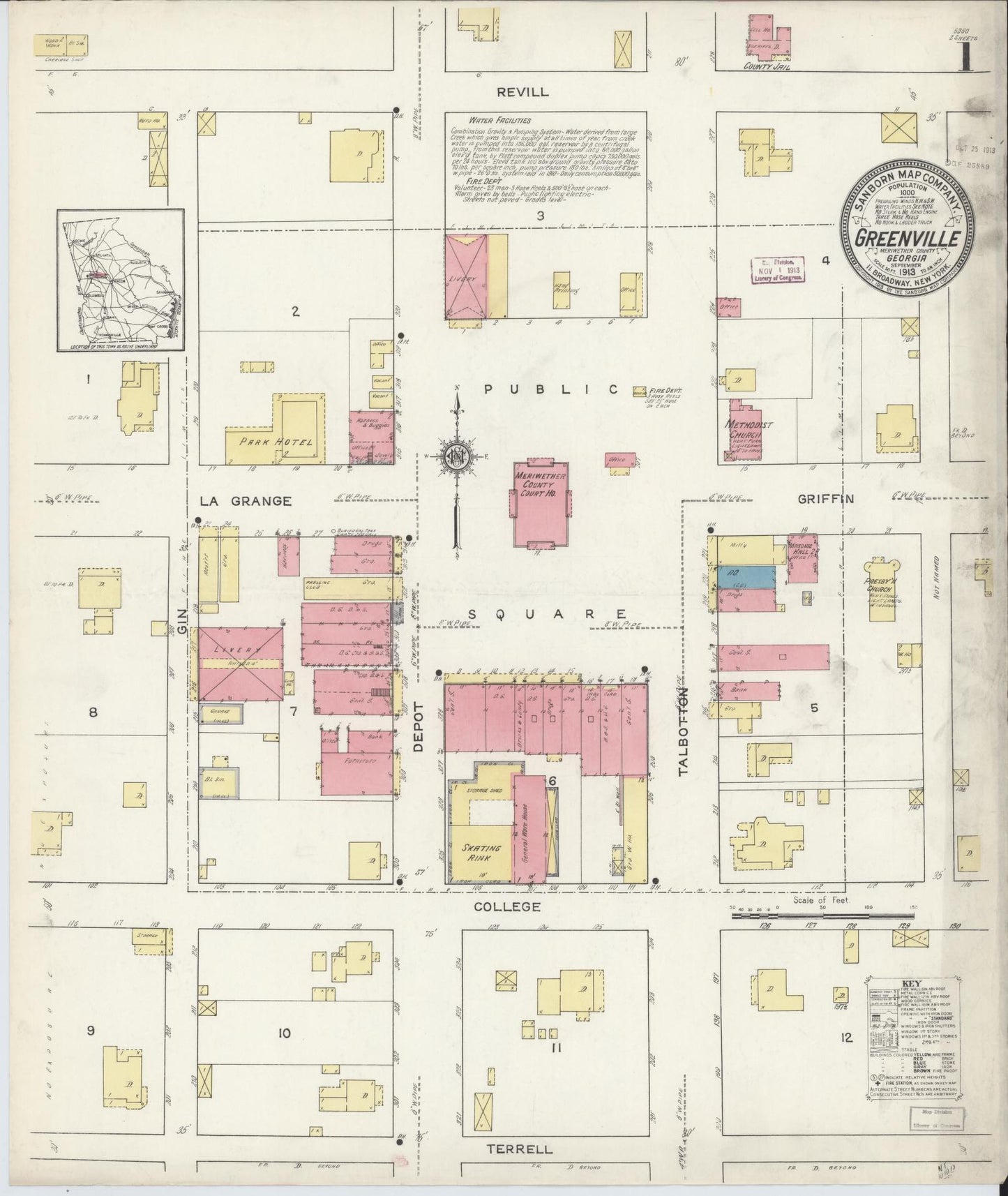 Sanborn Fire Insurance Map from Greenville, Meriweather County, Georgia. (1913) – Historic Sanborn Fire Insurance Map Print