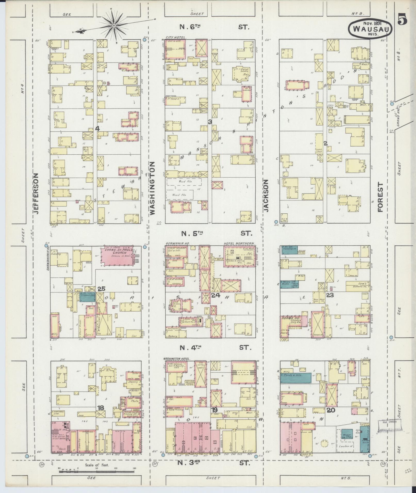 Sanborn Fire Insurance Map from Wausau, Marathon County, Wisconsin (1891), Sheet #0005 - Complete Map Set gallery image, historic Sanborn map, vintage wall art, Wisconsin Wisconsin
