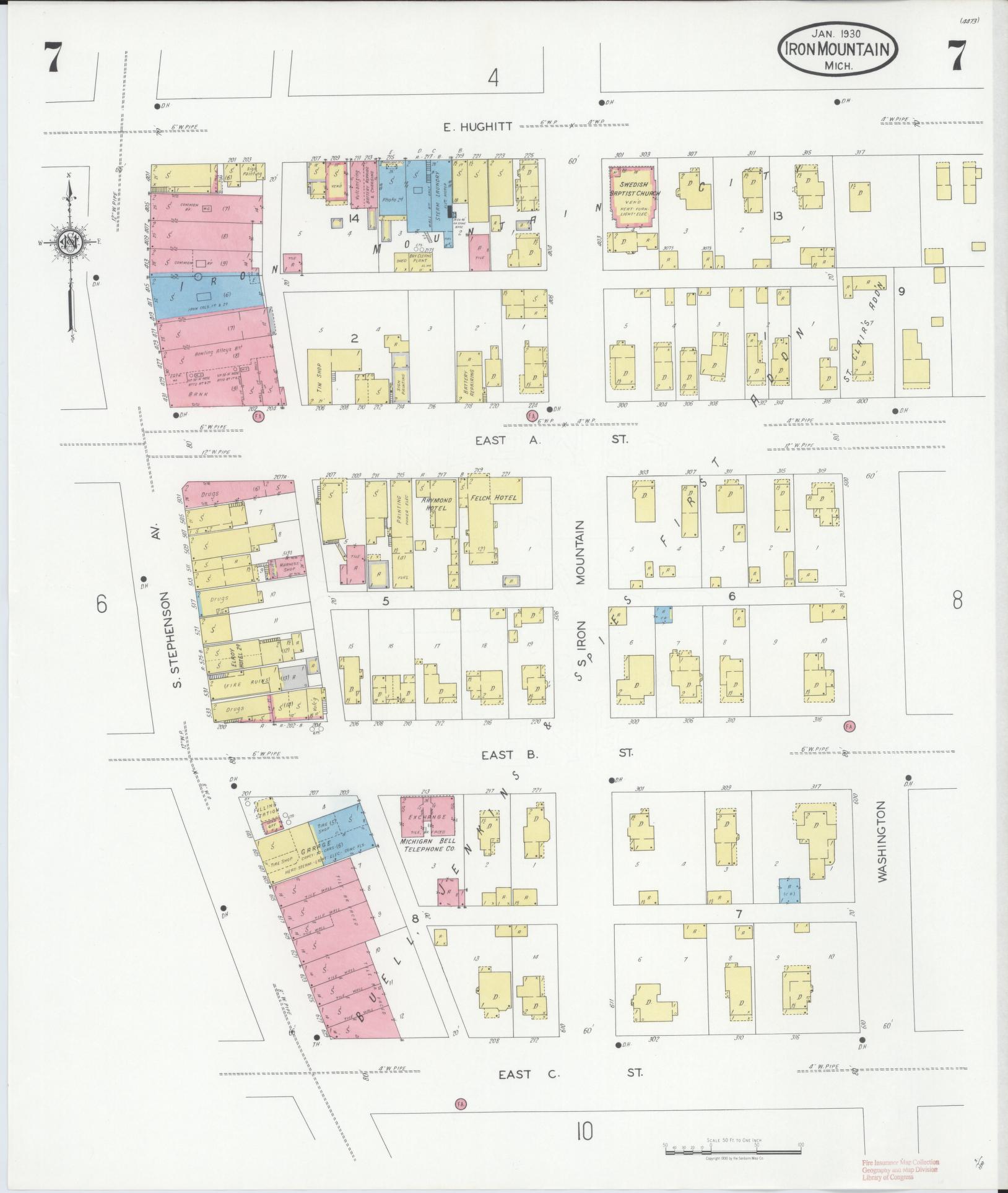 Sanborn Fire Insurance Map from Iron Mountain, Dickinson County, Michigan (1930), Sheet #0007 - Historic Sanborn Fire Insurance Map Print, vintage old map wall art, antique decor, genealogy gift, Michigan Michigan map