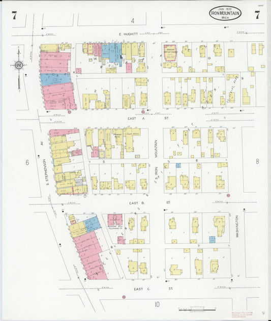 Sanborn Fire Insurance Map from Iron Mountain, Dickinson County, Michigan (1930), Sheet #0007 - Historic Sanborn Fire Insurance Map Print, vintage old map wall art, antique decor, genealogy gift, Michigan Michigan map