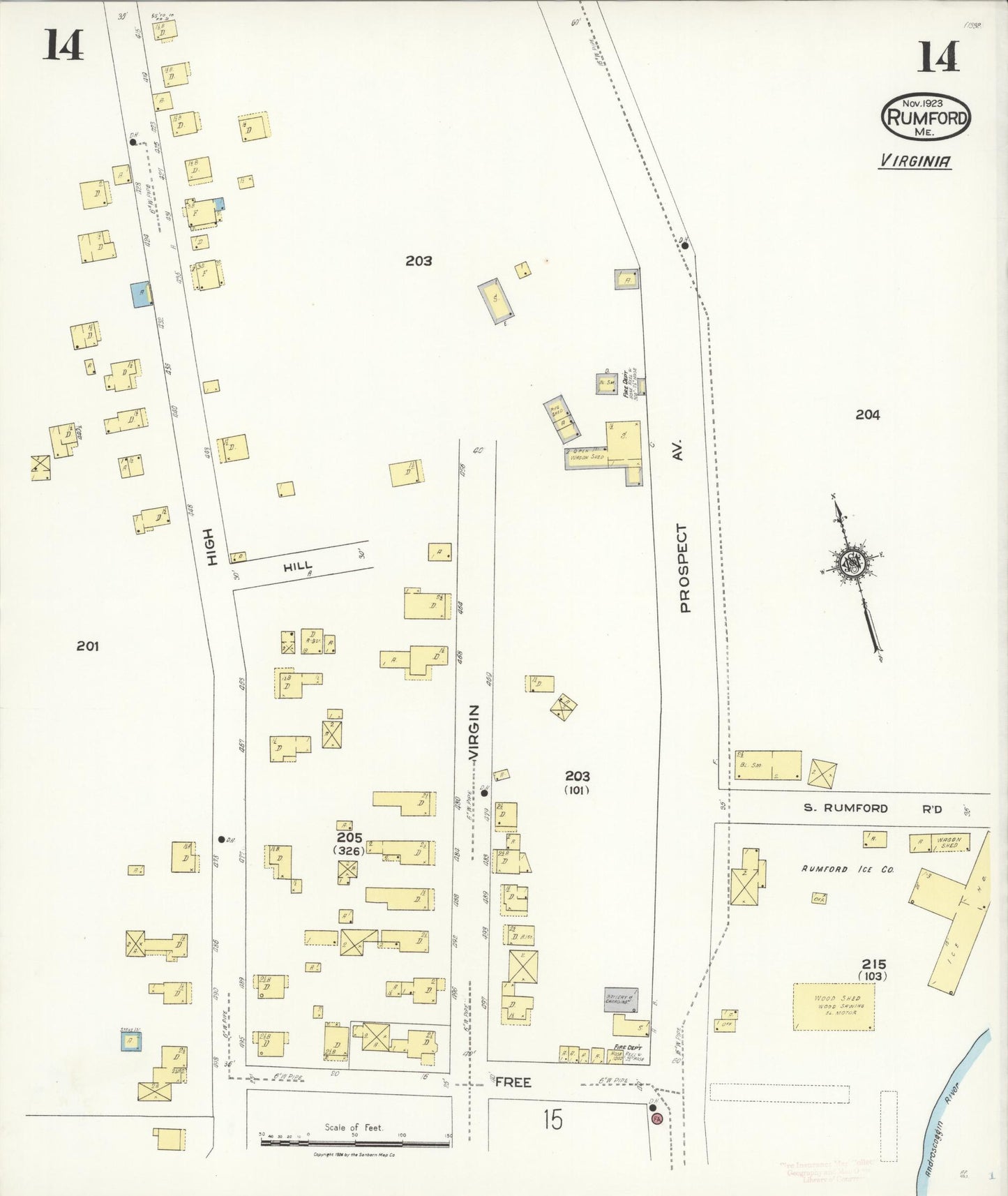 Sanborn Fire Insurance Map from Rumford, Oxford County, Maine (1923), Sheet #0014 - Complete Map Set gallery image, historic Sanborn map, vintage wall art, Maine Maine