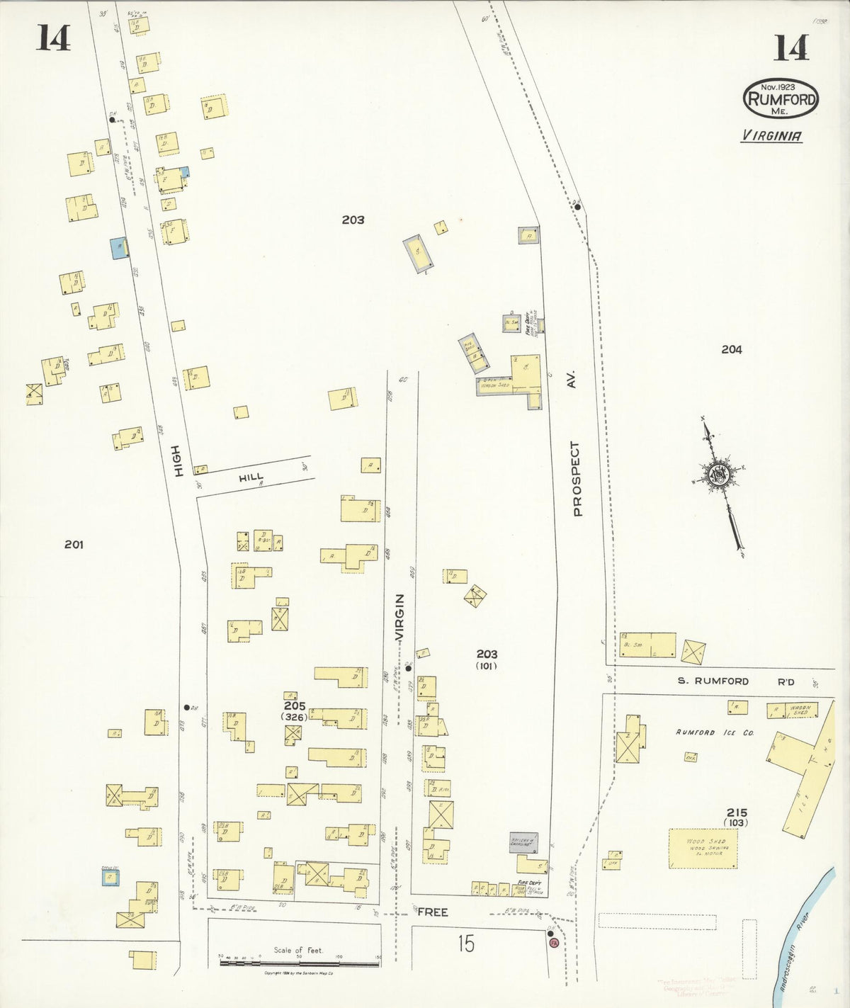 Sanborn Fire Insurance Map from Rumford, Oxford County, Maine (1923), Sheet #0014 - Complete Map Set gallery image, historic Sanborn map, vintage wall art, Maine Maine