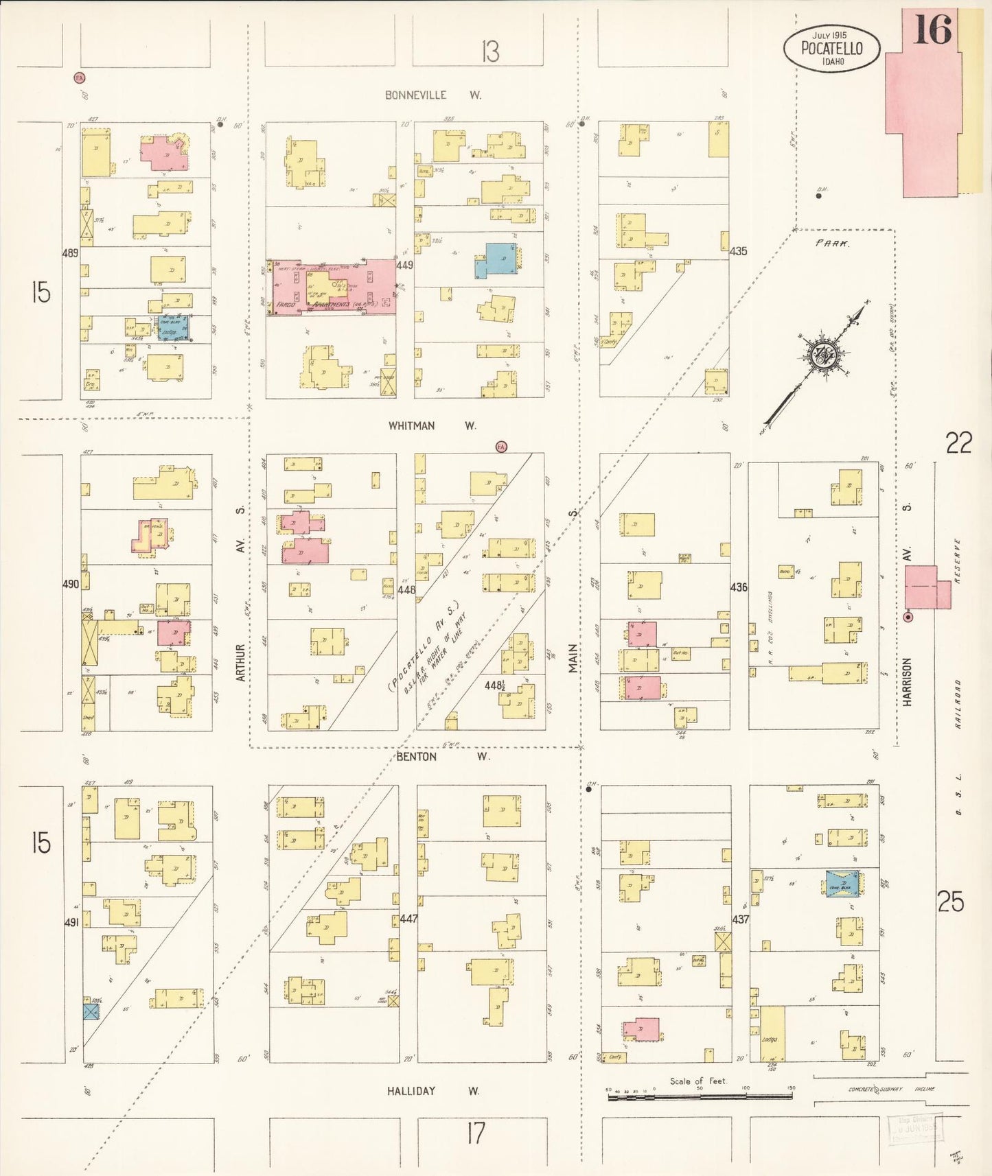 Sanborn Fire Insurance Map from Pocatello, Bannock County, Idaho (1915), Sheet #0016 - Complete Map Set gallery image, historic Sanborn map, vintage wall art, Idaho Idaho