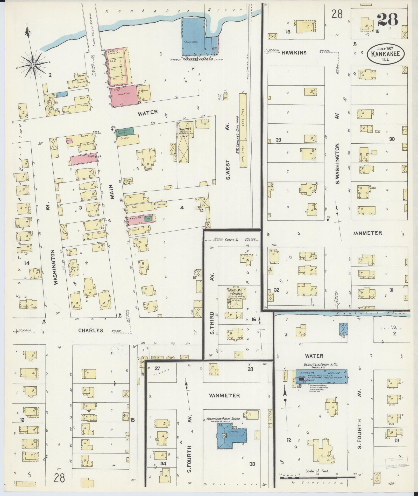 Sanborn Fire Insurance Map from Kankakee, Kankakee County, Illinois (1907), Sheet #0028 - Historic Sanborn Fire Insurance Map Print, vintage old map wall art, antique decor, genealogy gift, Illinois Illinois map