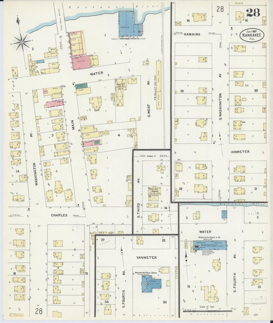 Sanborn Fire Insurance Map from Kankakee, Kankakee County, Illinois (1907), Sheet #0028 - Historic Sanborn Fire Insurance Map Print, vintage old map wall art, antique decor, genealogy gift, Illinois Illinois map