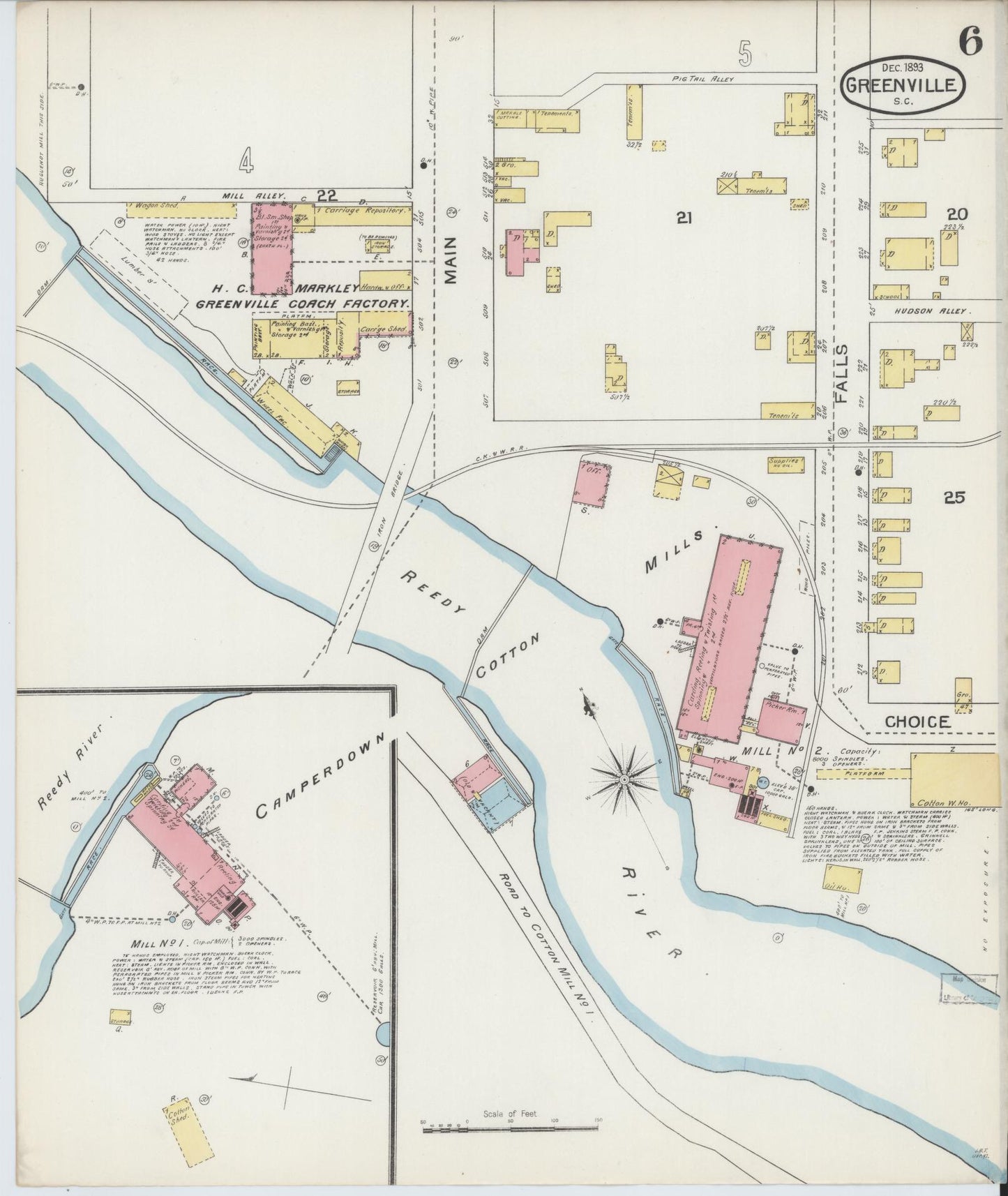 Sanborn Fire Insurance Map from Greenville, Greenville County, South Carolina (1893), Sheet #0006 - Historic Sanborn Fire Insurance Map Print, vintage old map wall art, antique decor, genealogy gift, South Carolina South Carolina map