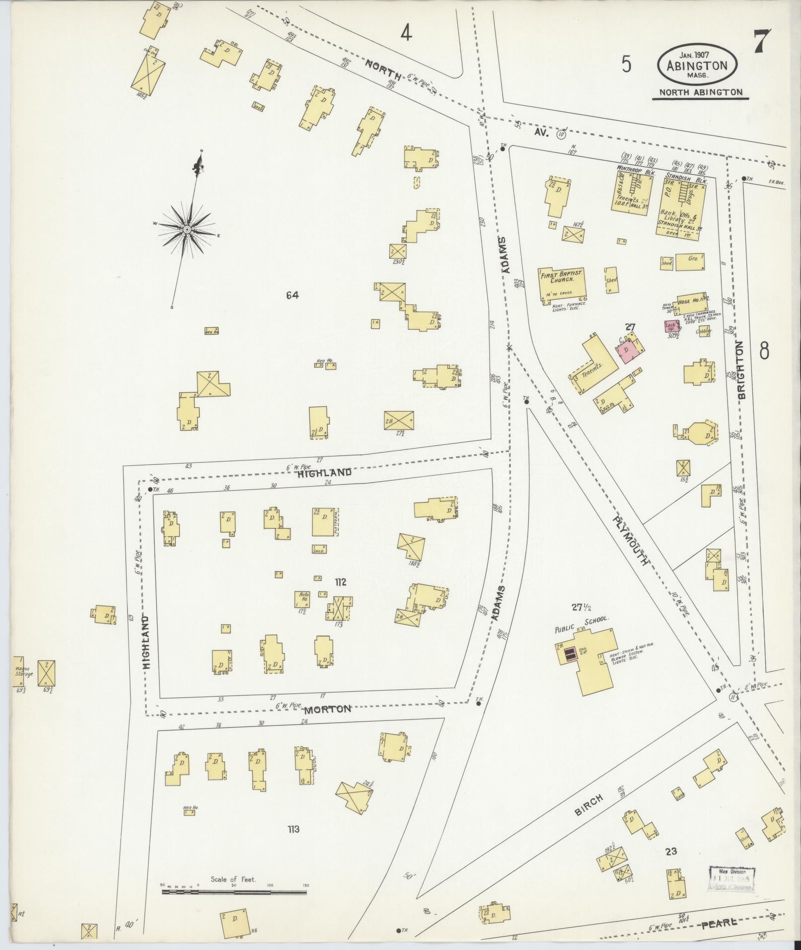 Sanborn Fire Insurance Map from Abington, Plymouth County, Massachusetts (1907), Sheet #0007 - Complete Map Set gallery image, historic Sanborn map, vintage wall art, Massachusetts Massachusetts