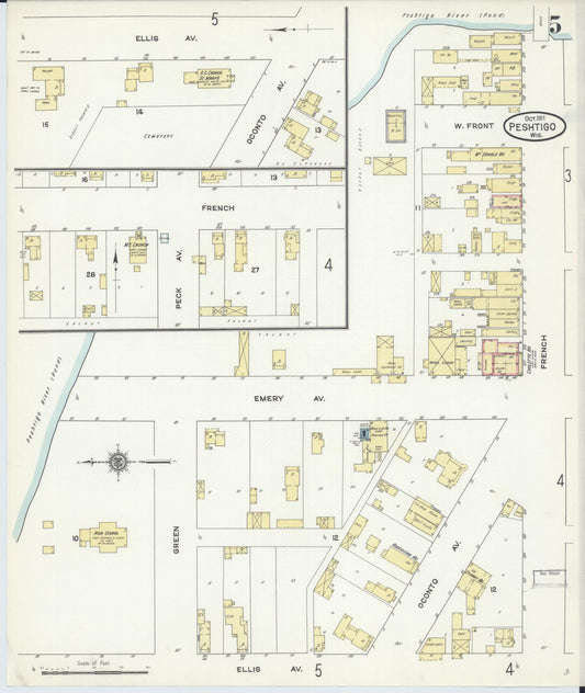 Sanborn Fire Insurance Map from Peshtigo, Marinette County, Wisconsin (1911), Sheet #0005 - Historic Sanborn Fire Insurance Map Print, vintage old map wall art, antique decor, genealogy gift, Wisconsin Wisconsin map