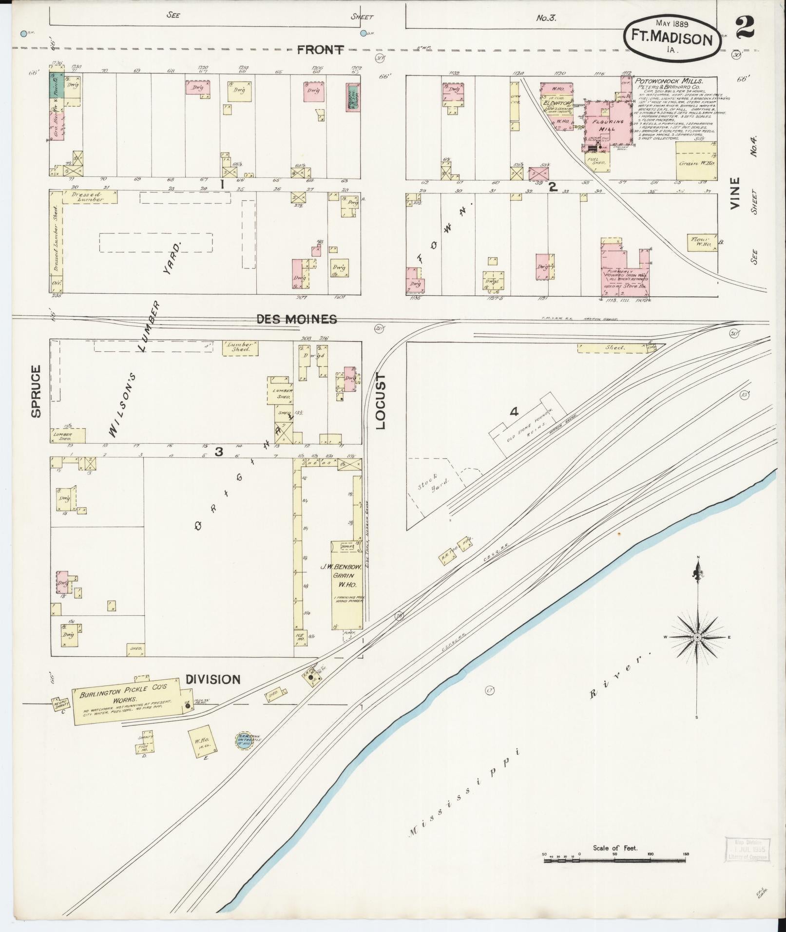 Sanborn Fire Insurance Map from Fort Madison, Lee County, Iowa (1889), Sheet #0002 - Historic Sanborn Fire Insurance Map Print, vintage old map wall art