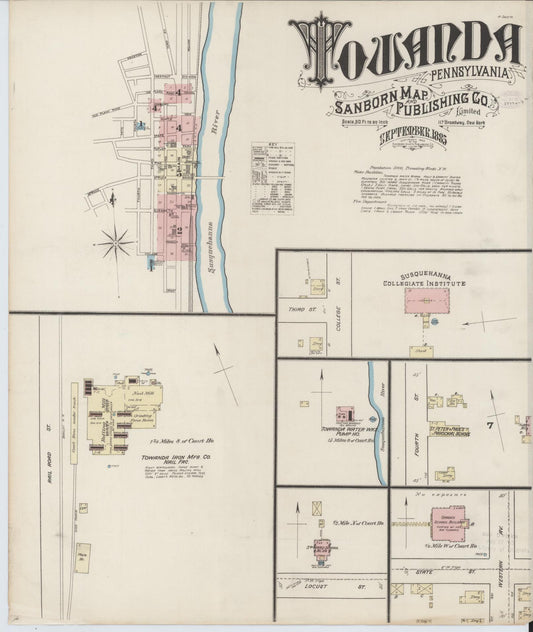 Sanborn Fire Insurance Map from Towanda, Bradford County, Pennsylvania (1885), Sheet #0001 - Historic Sanborn Fire Insurance Map Print, vintage old map wall art, antique decor, genealogy gift, Pennsylvania Pennsylvania map